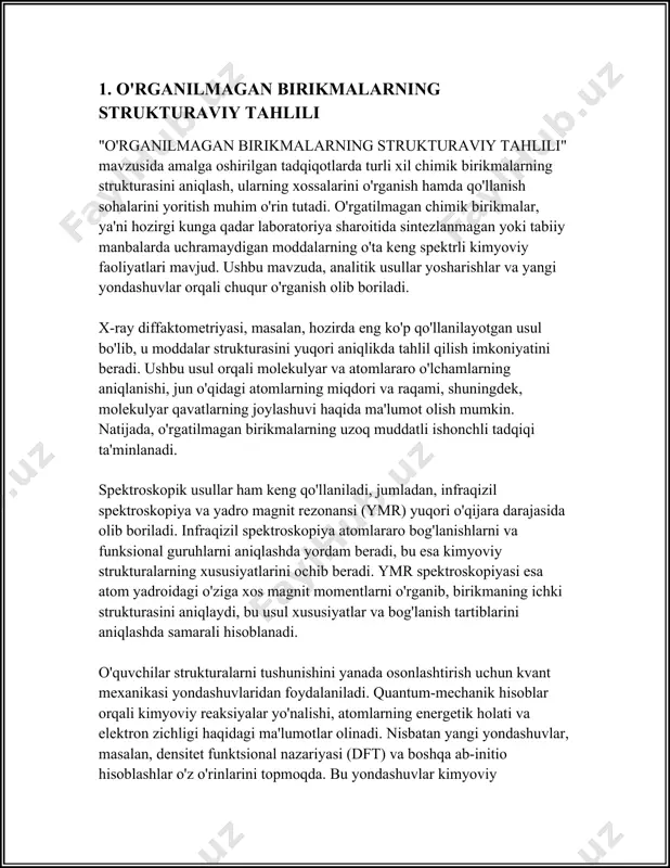 ar bilan solishtirilishi**: modellash jarayonida hosil bo'lgan ma'lumotlarni real eksperimentlar bilan solishtirish muhimdir. real tizimlardagi ma'lumotlar va voqealarning model tomonidan yaratilgan natijalarga mos kelishi uchun modellarning to'g'riligi tekshiriladi. bunda modelni validatsiya qilish, verifikatsiya qilish va kalibratsiya qilish jarayonlari amalga oshiriladi. 5. **kimyoviy injeneriya va sanoatda modellash**: kimyo sanoati va injenerlik sohalarida modellash har xil jarayonlarni optimallashtirish va samaradorligini oshirish uchun qo'llaniladi. shu tariqa kimyoviy reaksiyalarni boshqarish, yangi materiallar yaratish va ishlab chiqarish jarayonlarini optimallashtirishga erishiladi. 6. **innovatsiyalar va kelajak yondashuvlari**: kompyuter modellashida yangi texnologiyalar, masalan, sun'iy intellekt, mashina o'rganish va katta ma'lumotlar (big data) tahlili qo'shilmoqda. bu yondashuvlar orqali fizik va kimyoviy jarayonlarning yanada chuqur simulyatsiyasi va tadqiqoti o'tkazilishi mumkin. 7. **energiya va atrof-muhitni himoya qilish**: energiya sektorida fizik-kimyoviy modellash resurslardan samarali foydalanishni, energiya samaradorligini oshirishni va atrof-muhitni himoya qilishni ta'minlashda tez-tez qo'llaniladi. masalan, qazib olinadigan yonilg'ilarning yonishi, ifloslovchi moddalarning tarqalishi yoki qayta tiklanadigan energiya manbalarining optimallashuvi. xulosa qilib aytganda, …