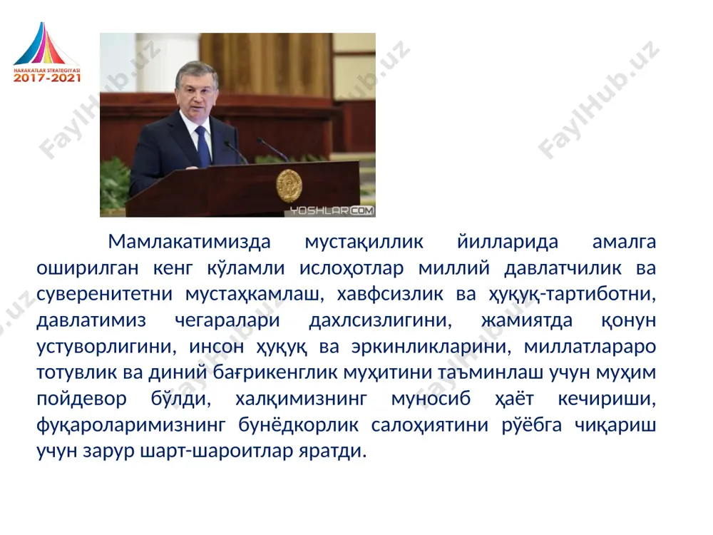 иқтисодиётни янада ривожлантириш ва либераллаштириш; 4. 5 ижтимоий соҳани ривожлантириш; хавфсизлик, миллатлараро тотувлик ва диний бағрикенгликни таъминлаш, чуқур ўйланган, ўзаро манфаатли ва амалий руҳдаги ташқи сиёсат юритиш davlat dasturining “davlat va jamiyat qurilishini takomillashtirish” deb nomlangan birinchi yo‘nalishini amalga oshirishda davlat hokimiyati tizimida oliy majlisning rolini kuchaytirish, qonun ijodkorligi faoliyatining sifatini tubdan yaxshilash, davlatning hayotida siyosiy partiyalarning rolini kuchaytirish nazarda tutilgan. davlat boshqaruvini takomillashtirish, eng avvalo davlat xizmatini isloh qilish, iqtisodiyotda davlat boshqaruvini kamaytirish, davlat va xususiy sektorlarning o‘zaro foydali hamkorligining zamonaviy shakllarini, “elektron hukumat” tizimini rivojlantirish bo‘yicha chora-tadbirlarni amalga oshirish rejalashtirilgan. fuqarolik jamiyati institutlarini rivojlantirish hamda ularning ijtimoiy va siyosiy faolligini oshirishga qaratilgan kompleks chora-tadbirlar. xalq bilan samarali muloqotni ta’minlash davlat dasturining eng muhim va dolzarb vazifalaridan biri bo‘ldi. shu munosabat bilan jamoatchilik nazoratini takomillashtirish, nodavlat notijorat tashkilotlarini, ommaviy axborot vositalarini yanada rivojlantirish, shuningdek mahallaning jamiyat hayotidagi rolini kuchaytirish nazarda tutilmoqda. prezidentimizning 2019-yil 30-oktyabrdagi “fuqarolik jamiyatini rivojlantirish markazi faoliyatini …