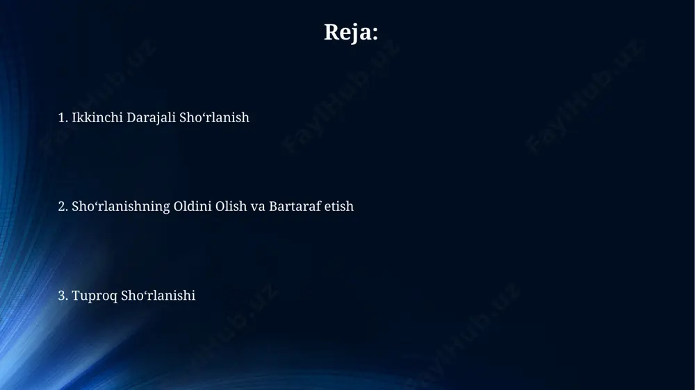 ida amalga oshirilgan tajribalar shuni koʻrsatdiki, drenaj tizimini takomillashtirish va tuproqqa 2-3 yil davomida gips va sele nitrat aralashmasini qoʻllash natijasida shoʻrlangan tuproqlardagi tuz miqdori 40% ga kamaygan. oʻzbekistonning janubiy hududlarida, gidrokimyoviy usullar bilan birga, 1 gektar yerga 15-20 tonna organik oʻgʻit qoʻllash orqali tuproq unumdorligini 30% ga oshirish va shoʻrlanishni pasaytirishga erishiladi. shoʻrlanishning ekinlarga ta'siri shoʻrlangan tuproqlarda oʻstirilgan sabzavot ekinlari (masalan, pomidor) oʻrtacha 15-25% kamroq hosil beradi va sifat jihatidan past boʻladi, bu esa iqtisodiy zarar keltiradi. oʻzbekistonning janubiy hududlarida shoʻrlanish darajasi yuqori boʻlib, yer osti suvlari satxining koʻtarilishi tufayli 1 gektar maydonda 500 kg dan ortiq tuz miqdori toʻplanishi mumkin. shoʻrlanishning oqibatlari qoraqalpogʻiston respublikasida shoʻrlanish darajasi 50% dan oshib ketgan hududlar mavjud boʻlib, bu yerlarda dehqonchilik samaradorligi keskin pasaygan va aholining suv ta'minoti bilan bog'liq muammolar kuzatilmoqda. shoʻrlanish tufayli oʻzbekistonning 2 million gektarga yaqin yerlari unumdorligini yoʻqotgan, bu esa milliy iqtisodiyotga 1 milliard dollardan ortiq zarar yetkazgan. shoʻrlanishni …