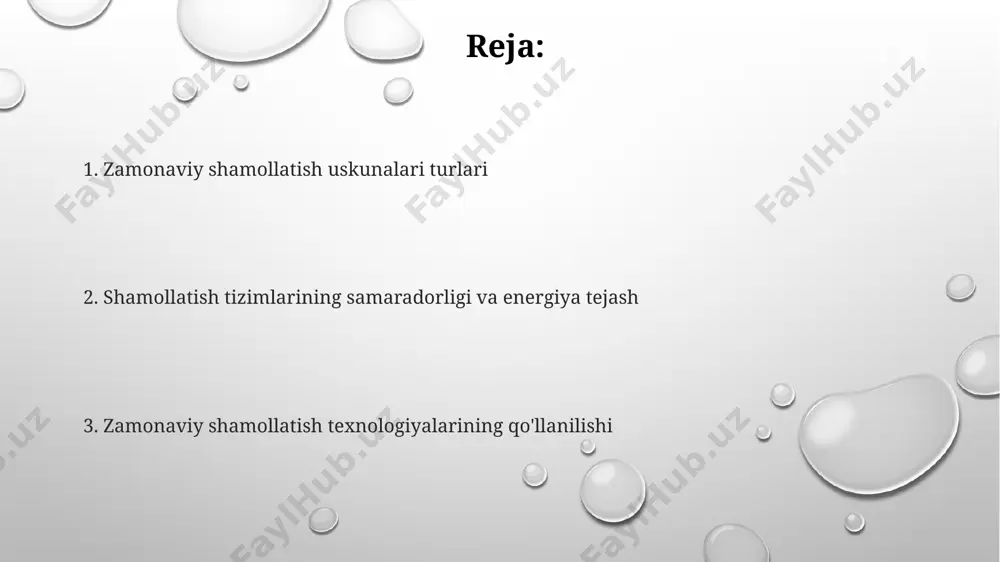 'tibor berish, yillik energiya sarfini kamaytirish uchun inverterli dvigatellardan foydalanish tavsiya etiladi. zamonaviy shamollatish uskunalari turlari 150 m³/soat gacha havo aylanishini ta'minlovchi dekstral turlari kichik xonalar uchun mos keladi va past shovqin darajasiga ega. zamonaviy shamollatish tizimlarida samaradorlikni 30% ga oshiruvchi vrf tizimlari keng qo'llanilmoqda, bu energiya tejash va iqlim nazoratini yaxshilaydi. yuqori bosimli kanalsiz shamollatgichlar, 200 pa gacha bosim bilan, katta maydonlarni samarali shamollantirish uchun ideal tanlov hisoblanadi. shamollatish tizimlarining afzalliklari va kamchiliklari ba'zi shamollatish tizimlari shovqin darajasi 35 db dan oshmaydi, bu esa qulay muhit yaratadi, ammo katta maydonlar uchun quvvat yetarli bo'lmasligi mumkin. tozalash tizimlari bilan birgalikda ishlatilganda, havo sifati 90% gacha yaxshilanadi, lekin noqulay ob-havo sharoitida samaradorligi pasayadi. shamol otish tizimlarining samaradorligi 20-30% gacha energiya tejashga olib kelishi mumkin, biroq dastlabki investitsiyalar yuqori boʻlishi mumkin. e'tiboringiz uchun rahmat @taqdimot_robot image1.png image2.png image3.png