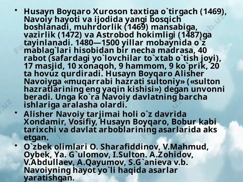 rmoqdalar. tasavvufiy asarlari navoiyning tasavvufiy qarashlari deyarli barcha asarlarining ruhiga singgan bo`lsa-da, maxsus «lisonut-tayr» dostoni(1499)da, «nasoyimul-muhabbat» manqabasi]]"(1495-96)da, «tarixi anbiyo va hukamo»(1485-8), «arbain», «munojot» singari asarlarida aks etgan. «lisonut-tayr»da borliq va ilohiyot haqaidagi qarashlarini, inson, tabiat va hayot haqidagi fikrlarini qushlar tili va sarguzashtlari orqali bayon qilgan. o`zbekiston mustaqillikka erishganidan so`ng navoiy asarlarini diniy va so`fiylik jihatidan o`rganish kengaydi, ular ob’ektiv va ilmiy bahosini olmoqda. «arbain», «munojot» kabi asarlari chop etildi. jomiyning «nafahotul-uns min hazarotil-quds» tazkirasini tarjima qilib va to`ldirib, so`z yuritilgan 618ta shayxlar sonini 770 taga yetkazdi. nasriy asarlari navoiy merosining salmoqli qismi nasriy asarlardan iborat. ular ijtimoiy-siyosiy, axloqiy-ta`limiy va ilmiy-falsafiy yo`nalishdadir. «mahbubul-qulub»(1500-01) navoiyning so`nggi yirik asari bo`lib, unda ulug` mutafakkir adibning hayoti davomidagi kuzatishlari, to`plagan boy tajribasi o`z yuqori darajasida aksini topgan. uch qismdan iborat bu asarda «soriun-nosning af'ol va ahvolining kayfiyati» (1), axloqiy muammolar (2), «mutafarriqa favoyid va amsol surati» (3) masalalari ifodalangan. xamsatul-mutahayyirin»(«besh hayrat»,1494) asarida ustozi va …