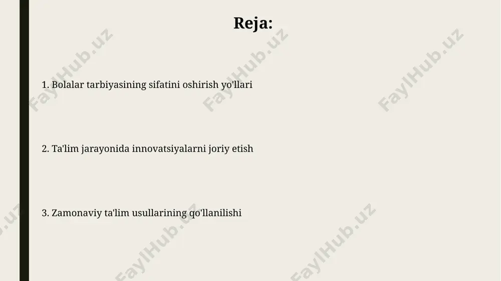 higa olgan 7 ta axloqiy hikoya va masallardan foydalanish, bolalarning empatiya va hamjihatlik tuyg'ularini rivojlantirishda 15-20% samaradorlikni ta'minlaydi. zamonaviy texnologiyalar, xususan, onlayn platformalar orqali axloqiy va ma'naviy tarbiya bo'yicha 15 ta interfaol dars ishlab chiqish va qo'llash, o'quvchilarning bilimlarini 30% ga yaxshilashga yordam beradi. ijodiy qobiliyatlarni rivojlantirish ijodkorlikni rivojlantirishda stem (fan, texnologiya, muhandislik va matematika) ta’limi muhim rol o‘ynaydi, chunki u bolalarga muammolarni turli xil yondashuvlar bilan hal qilishga o‘rgatish orqali ularning mantiqiy va ijodiy fikrlash qobiliyatlarini 20-25% ga yaxshilaydi. bolalarning ijodiy qobiliyatlarini rivojlantirishda turli xil san’at turlari, masalan, rasm chizish, haykaltaroshlik va musiqa bilan shug‘ullanish muhim ahamiyatga ega bo‘lib, bu ularning ifoda etish vositalarini kengaytiradi va ijodkorlik darajasini 15-20 ballga oshirishi mumkin. sog'lom turmush tarzini shakllantirish o'quv jarayonida sog'lom ovqatlanish madaniyatini shakllantirish uchun haftasiga kamida 3 marta meva va sabzavotlarni iste'mol qilishni rag'batlantiruvchi 10 kunlik dasturlarni ishlab chiqish kerak. sog'lom turmush tarzini targ'ib qilishda samaradorlikni oshirish uchun o'quvchilarning jismoniy …