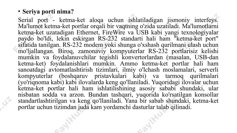 qil ravishda ishlaydi. dasturlashtiriladigan parallel interfeys mikroprotsessorga uchta shinali tizim orqali ulanadi: manzil shinasi (a0, a1 manzilli kirishlar orqali), ma'lumotlar shinasi sd (d0, ... kirishlari orqali, d7) va boshqaruv shinasi (th, zap, sat kirishlari orqali). kirish-chiqarish kiritish (chip tanlash) tashqi qurilmalar dekoderining signali orqali chip (mikrosxema) ishlashini ta'minlash uchun ishlatiladi. parallel interfeysning (ppi) tashqi qurilmalar bilan ulanishi raqamli diskret chiqishlar orqali amalga oshiriladi, ular bayt-bayt portlarga guruhlangan (bitta portda sakkizta, masalan, b0, b1, ..., b6, b7). analog datchiklardan signallarni kiritish uchun ushbu portlarga analog-raqamli o’zgartkichlar o'rnatilgan va signallarni analog aktuatorlarga uzatish uchun - raqamli-analog o’zgartkichlar o'rnatilgan. dasturlashtiriladigan ketma-ket interfeys kr580bb51 (i8251) - bu mp va tashqi qurilmalar o'rtasida ketma-ket formatda almashinuvni tashkil qilish uchun mo'ljallangan universal sinxron-asinxron qabul qiluvchi (usart). universal sinxron-asinxron qabul qiluvchi 8-bitli mp ma'lumotlar shinasidan ma'lumotlarni oladi va uni ketma-ket formatda periferik qurilmaga uzatadi yoki periferik qurilmadan ketma-ket ma'lumotlarni oladi va mpni uzatish uchun parallel shaklga o'tkazadi. …
