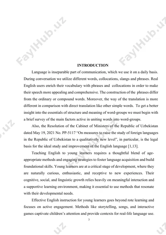 english opens doors to academic, professional, and cultural opportunities. the formative years of a child's life are a critical period for language acquisition, as their cognitive and linguistic abilities are highly adaptable. identifying effective methods and strategies for teaching english during this crucial phase ensures the development of strong foundational skills, fosters a positive attitude toward language learning, and sets the stage for future success. this theme is particularly significant in the context of evolving educational paradigms that emphasize creativity, inclusivity, and the integration of technology in classrooms. the aim of the course work is to explore and analyze the most effective methods and strategies for teaching english to young learners. it seeks to identify approaches that cater to their unique developmental needs, stimulate engagement, and promote comprehensive language acquisition. additionally, it aims to evaluate the role of traditional, interactive, and digital tools in enhancing young learners’ motivation, retention, and …