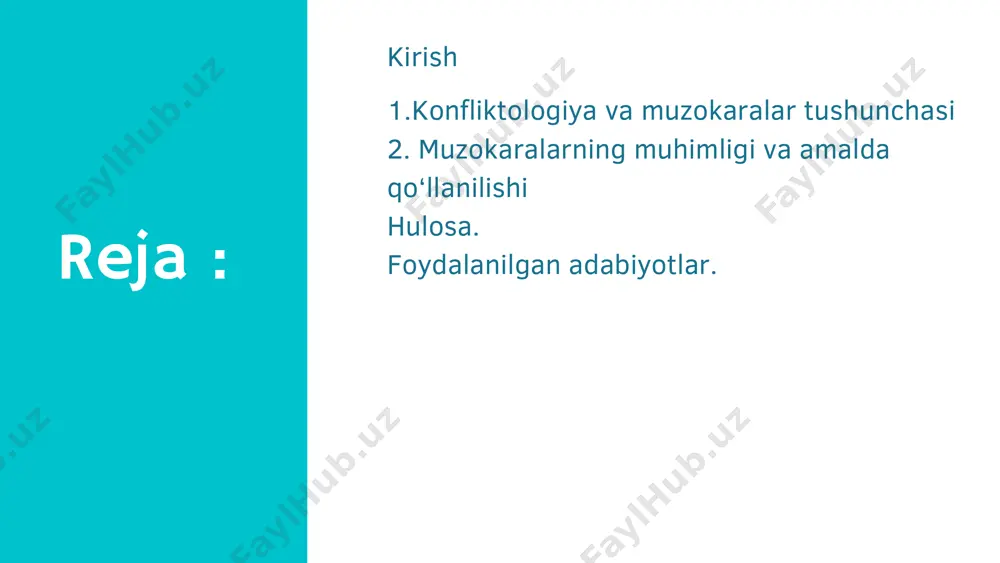 exnikalar muzokaralarda muvaffaqiyatga erishish uchun bir nechta samarali texnikalardan foydalanish mumkin: aktiv eshitish: tomonlar bir-birining fikrlarini diqqat bilan tinglashlari zarur, bu orqali o‘zaro tushunishni rivojlantirish mumkin. ijobiy til: muzokara davomida salbiy yoki tajovuzkor so‘zlardan qochish, ijobiy, konstruktiv tilni ishlatish muzokaraning muvaffaqiyatiga xizmat qiladi. "win-win" yondashuvi: muzokaralarda tomonlar o‘zaro manfaatli yechim topishga intilishlari kerak. perspektiva o‘zgartirish: boshqa tomonni o‘z nuqtai nazaridan ko‘rishga undash, bu tomonlarni moslashishga va kelishuvga tayyor qiladi. batna tushunchasi: eng yaxshi alternativa – bu muzokaralarda kelishuvga erishilmasa, tomonlar uchun eng yaxshi muqobil variantni aniqlashdir. muzokaralarda konfliktlarni hal etishning strategiyalari muzokaralarda qarama-qarshiliklarni hal qilish uchun bir nechta strategiyalar mavjud: kompros: tomonlar bir-biriga murosaga kelishga intilishadi. har tomonlama maslahatlar: muammoni tushunib, har ikki tomon uchun maqbul yechim izlanadi. fokuslangan muzokaralar: tomonlar har doim o‘zaro hurmat va to‘g‘rilik asosida kelishishga harakat qilishlari kerak. muzokaralar tugashida amalga oshirgan taktikalar kelishuvga erishgandan so‘ng, quyidagi muhim qadamlar mavjud: kelishuvni tekshirish: kelishuvni amalga oshirishdan oldin, …