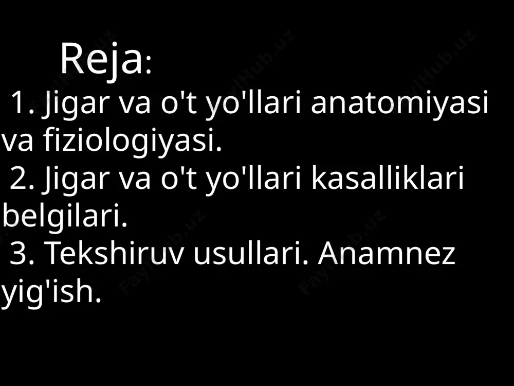 sh(atropin sufat, papaverin gidroxlorid) og'ria xurujlarining yo'qolishiga olib keladi. jigar dispepsiyasi ●ishtaha pasayishi ● og'izda achchiq ta'm ●kekirish ● ko'ngil aynishi ,qayt qilish ● qorin dam bo'lishi, g'uldirash ●qabziyat yoki ich ketish ● o'ng qovurg'a osti sohasida shishganlik va og'irlik hissi teri qichishishi- o't kislotalarining qonda ko'payib ketishi. tunga yaqin keskin kuchayadi. tarqalgan va ma'lum bir sohada bo'lishi mumkin sariqlik - qonda bilirubin ortishi hisobiga teri hamda ko'z shilliq qavatlarining saria rangga bo'yalishi. siydik pivo ranggida, najas och rangda qon bilan qayt qilish- jigar sirrozida anastomozlar va varikoz venalar yorilishi hisobiga. ko'zdan kechirish umumiy ahvoli juda og'ir- yaqqo intoksikatsiyadan jigar komasigacha. o'tkir yallig'lanish kasalliklarida holat og'ir. surunkali kasalliklarda uzoq muddat qoniqarli. jigar sanchig'ida bemor tinch yota olmaydi. kaxeksiya og'ir jigar zararlanish belgisi semizlik- o't yo'llari kasalliklariga moyilligi bor degani tomirli yulduzchalar-alohida teri tomilarining o'ziga xos yulduzsimon kengayishi(teleangioektaziya) 2-5mm. tananing yuqori orqa tomonida, bo'yin, ko'krak , kaftda. surunkali gepatit,jigar sirrozida "jigar …