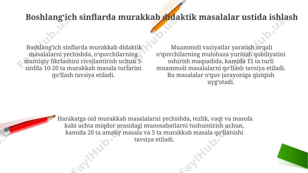 u masalalar tizimi 1:2, 2:3 kabi nisbatlarni oʻz ichiga olgan sodda va murakkab masalalardan iborat boʻlib, ular oʻquvchilarning proporsional fikrlash qobiliyatini rivojlantirishga qaratilgan. e'tiboringiz uchun rahmat @taqdimot_robot image2.png image1.png