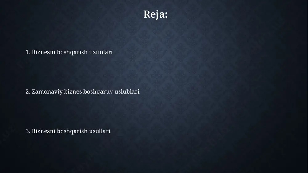 i boshqarishda 5 bosqichli jarayon (g'oya generatsiyasi, baholash, rivojlantirish, sinovdan o'tkazish va tijoratlashtirish) samaradorlikni 30% ga oshirishi mumkin. agile metodologiyasi innovatsiyalarni boshqarishda moslashuvchanlikni ta'minlaydi, loyihalarni 20% tezroq yakunlashga va xarajatlarni 15% kamaytirishga yordam beradi. tashkiliy tuzilmalar kichik bizneslarda odatda 2-5 darajali boshqaruv ierarxiyasi qo'llaniladi, yirik korxonalarda esa bu raqam 10 dan oshib ketishi mumkin, bu esa muloqot va qaror qabul qilish jarayonlariga ta'sir qiladi. tashkiliy tuzilmalarning 3ta asosiy turi mavjud: ierarxik, funktsional va matritsali, ularning har biri samaradorlik va moslashuvchanlik jihatidan o'ziga xos xususiyatlarga ega. e'tiboringiz uchun rahmat @taqdimot_robot image2.jpg image3.jpg image4.jpg image5.jpg image6.jpg image7.jpg image8.jpg