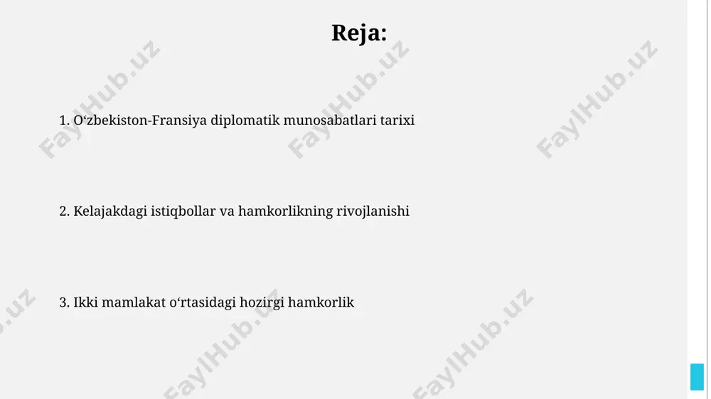 i davomida ikki davlat rahbarlari iqtisodiy hamkorlikni kengaytirish masalalarini muhokama qildilar. 2023-yilning mart oyida toshkentda tashqi ishlar vazirlari darajasida bo'lib o'tgan uchrashuvda ikki tomonlama hamkorlikning dolzarb masalalari, jumladan, savdo-iqtisodiy aloqalarni rivojlantirish, madaniy almashinuv va mintaqaviy xavfsizlik masalalari muhokama qilindi. siyosiy hamkorlik fransiya prezidenti emmanuel makronning 2018-yilda oʻzbekistonga tashrifi ikki mamlakat prezidentlari oʻrtasidagi uchrashuvlar sonini 3 taga yetkazdi, bu siyosiy dialogning yuqori darajada ekanligini koʻrsatadi. oʻzbekiston va fransiya bmt va yunesko kabi xalqaro tashkilotlar doirasida faol hamkorlik qilmoqda, bu ikki davlatning global siyosatdagi umumiy pozitsiyalarini va 50 dan ortiq qoʻshma loyihalarini aks ettiradi. savdo-iqtisodiy aloqalar 2023 йилда франциядан узбекистонга экспорт ҳажми 50%га ошди, бунда асосан вино, парфюмерия ва юқори технологияли маҳсулотлар кўринишидаги товарлар устунлик қилди. франциянинг uzauto motors компанияси билан ҳамкорлиги 2022 йилда 100 миллион долларлик инвестицияларни жалб этишга олиб келди, бу эса автомобилсозлик соҳасидаги ҳамкорликнинг мустаҳкамланишини кўрсатади. taʼlim sohasidagi hamkorlik fransiya universitetlari bilan 20 dan ortiq hamkorlik shartnomalari imzolangan boʻlib, …