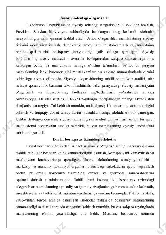 rishga qaratilgan. ushbu islohotlarning asosiy yo‘nalishi – markaziy va mahalliy hokimiyat organlari o‘rtasidagi vakolatlarni qayta taqsimlash bo‘lib, bu orqali boshqaruv tizimining vertikal va gorizontal munosabatlarini optimallashtirish ta’minlanmoqda. tahlil shuni ko‘rsatadiki, boshqaruv tizimidagi o‘zgarishlar mamlakatning iqtisodiy va ijtimoiy rivojlanishiga bevosita ta’sir ko‘rsatib, investitsiyalar va tadbirkorlik muhitini yaxshilashga yordam bermoqda. dalillar sifatida, 2016-yildan buyon amalga oshirilgan islohotlar natijasida boshqaruv organlarining samaradorligi sezilarli darajada oshganini keltirish mumkin, bu esa xalqaro reytinglarda mamlakatning o‘rnini yaxshilashga olib keldi. masalan, boshqaruv tizimida raqamlashtirish jarayonlari joriy etilishi orqali byurokratiya kamaytirildi va fuqarolarning davlat xizmatlariga murojaat qilish jarayoni soddalashtirildi.boshqaruv tizimidagi islohotlarning muhim jihati – parlament va ijroiya hokimiyati o‘rtasidagi munosabatlarni takomillashtirishdir. parlamentning vakolatlari kengaytirilib, u boshqaruvning nazorat funksiyalarini kuchaytirishga qaratilgan. bu o‘zgarishlar natijasida qonunchilik jarayoni ochiqroq va shaffofroq bo‘ldi, chunki parlament endilikda hukumat faoliyatini muntazam ravishda nazorat qilish imkoniyatiga ega. tahlil ko‘rsatadiki, bunday yondashuv boshqaruv tizimining muvozanatini ta’minlab, korruptsiya xavfini kamaytiradi va qarorlar qabul qilish jarayonida fuqarolarning ishtirokini …