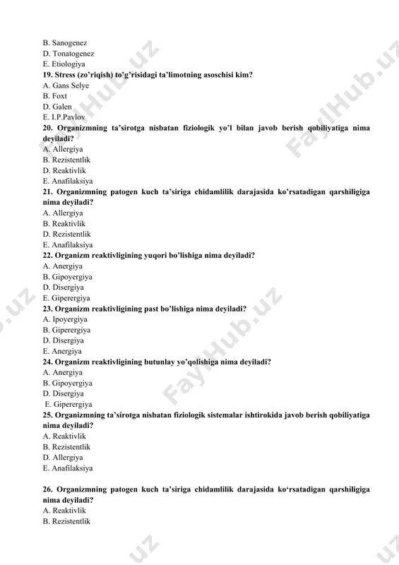 aynishiga nima deyiladi? a. anergiya b. gipoergiya d. giperergiya e. disergiya 29. ko‘mik, limfa tugunlari, taloqdagi retikulyar biriktiruvchi to‘qima hujayralari, endotelial hujayralar, jigardagi kupfer hujayralari va leykotsitlardan iborat alohida sistemaga nima deyiladi? a. retikulyar-endotelial sistema b. gumoral sistema d. neyro-gumoral sistema e. endokrin sistema 30. res-ni tashkil etuvchi harakatsiz hujayralarga nima deyiladi? a. faglar b. makrofaglar d. mikrofaglar e. fagotsitoz 31. resni tashkil etuvchi harakatchan hujayralarga nima deyiladi? a. makrofaglar b. mikrofaglar d. faglar e. fagotsitoz 32. organizmga tushgan yot moddalarni hujayralar tomonidan tutib qolib, hazm qilinishiga nima deyiladi? a. allergiya b. fagotsitoz d. immunitet e. xemotaksis 33. hujayraning atrof muhitdagi suyuqlik va unda erigan moddalarni shimib, qamrab olishiga nima deyiladi? a. fagotsitoz b. allergiya d. pinotsitoz e. xemotaksis 34. fagotsitning yot moddaga tomon harakat qilishiga nima deyiladi? a. fagotsitoz b. allergiya d. xemotaksis e. immunitet 35. fagotsitning yot moddaga taqalishiga nima deb atashadi? a. attraksiya b. allergiya d. fagotsitoz …