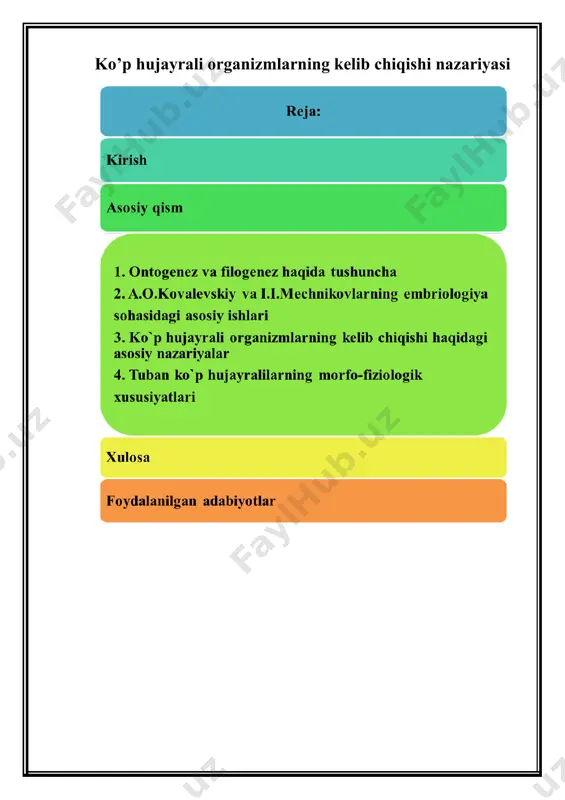 hkil topgan. a) epitelial to`qima - himoya vazifasini bajaruvchi to`qima bo`lib, unga tashqi, terini qoplagan va ikkilamchi tana bo`shlig`i – selomni, shuningdek ichak va boshqa hazm organlarining ichki va tashqi devorini qoplagan to`qimalar kiradi. b) biriktiruvchi to`qimalar – bu to`qimalar ularning hujayralararo mahsulotlari turli xil hayvonlar tanasida nihoyatda ko`p tarqalgan bo`lib, juda murakkab va xilma-xil vazifalarni bajaradi. dastlab yassi chuvalchanglarda rivojlangan parenxima deb ataluvchi to`qimalar biriktiruvchi to`qimalardir. yuqori darajada tashkil topgan hayvonlardagi qon hosil qiluvchi organlar - taloq, jigar va hokazolar shu xil to`qimalardan tashkil topgan. v) muskul to`qimalari ba`zi kovakichlilar va barcha yassi chuvalchanglardan boshlab rivojlangan bo`lib, hayvonlarda eng muhim harakat vazifasini bajaradi, ular qisqarish va cho`zilish xususiyatiga ega (muskul to`qimalari faqat nerv tolalari ta`sirida qisqaradi, harakatlanadi). ushbu to`qima asosan mezodermadan, ba`zi organlarda esa entodermadan rivojlanadi. g) nerv to`qimasining rivojlanishi kovakichlilardan boshlanadi va yuqori darajada rivojlangan ko`p hujayralilarda takomillashib boradi. tuban kovakichlilarda (gidralarda) u yulduzsimon nerv hujayralardan tashkil topgan …