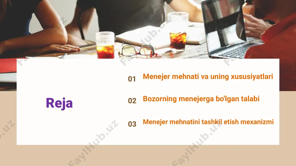 urlari 1. rejalashtirish: menejerlar maqsadlarni belgilash va ularni amalga oshirish uchun zarur strategiyalarni ishlab chiqadilar. masalan, marketing kompaniyasini rejalashtirish. menejerlik pozitsiyalari 1. umumiy direktor: tashkilotning umumiy faoliyatini boshqaradi va strategik rejalashtirishni amalga oshiradi. 2. moliyaviy menejer: tashkilotning moliyaviy resurslarini boshqaradi va hisobotlarni tayyorlaydi. menejer mehnatining samaradorligi menejer mehnatining samaradorligini o'lchash, tashkilotning muvaffaqiyatli ishlashida muhim ahamiyatga ega. samaradorlikni aniqlash uchun menejerning ish faoliyati, jamoa boshqaruvi va resurslardan foydalanish ko'rsatkichlari tahlil qilinadi. samaradorlikni oshirish uchun strategiyalar ishlab chiqish zarur. samara o'lchovlari va metodlari • ish faoliyatini baholash: menejerning jamoa samaradorligi va maqsadlarga erishish darajasini tahlil qilish. • 360 daraja fikr-mulohazasi: hamkasblar, rahbarlar va bo'ysunuvchilar tomonidan beriladigan baho. • kpi (kalit ko'rsatkichlar): menejerning ishlashini baholash uchun aniq ko'rsatkichlar belgilash. • o'z-o'zini baholash: menejerning o'z ish faoliyatini mustaqil baholash jarayoni. bozor talabi tushunchasi bozor talabi - bu iste'molchilar tomonidan mahsulot yoki xizmatlarga bo'lgan talabdir. menejerlar uchun bozor talabining ahamiyati menejerlar bozor talabini aniqlash orqali …