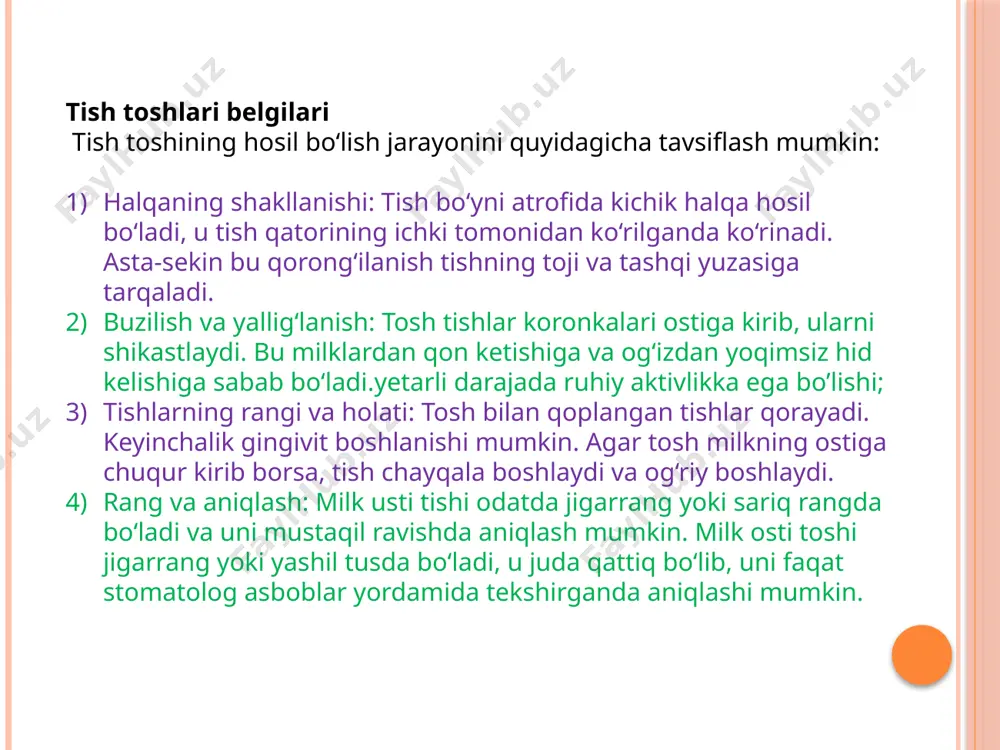 ari tish kariyesi klinik belgilari odatda bemorlar tish kariyesga uchragan sohalarida ogʻriqqa, ogʻriqning shirin, achchiq, issiq yoki sovuq mahsulotlar tekkan vaqtda kuchayishiga shikoyat qiladilar. ogʻriq kelib chiqishiga olib keluvchi omil taʼsiri toʻxtatilsa ogʻriq ham sezilmaydi. odatiy holda tish kariyesi ogʻriq hissini chaqirmaydi. kariyesning oʻtkir kechuvida bir necha tishlar zararlanadi, ularning tashqi qavati toʻq kulrang qoplama bilan qoplanadi, tishlar yumshab qoladi, ogʻriq sindromi kuchli namoyon boʻladi. bu kabi belgilar bir emas bir necha tishlarda namoyon boʻladi. kariyesning surunkali kechuvida tish zararlangan sohalari pigmentatsiyasi, zichlashuvi va tish chegaralarining oʻzgarishi kuzatiladi. jarayon sekin astalik bilan kuchayib boradi, kasallikni davolamaslik pulpit va peridontit bilan asoratlanadi, bu esa tishning toʻliq tushib ketishi yoki toʻliq olib tashlashga toʻ​gʻri keladigan holatda boʻladi. tish kariesi belgilari sizda tish kariesi bor-yo’qligini aniqlash juda oson. tish sirti rangi o’zgarishi (dog’ qoramtir yoki oqimtir bo’lishi mumkin) yoki uning tuzilishi, masalan g’adir-budurligi — kasallik paydo bo’lishidan dalolat beradigan alomatlardir. shuningdek, ovqatlanganda tish …