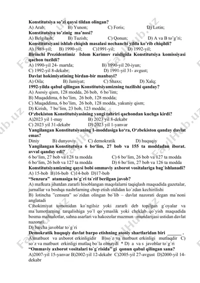 o'zbekiston konstitutsiyasi haqida savollar — DOCX