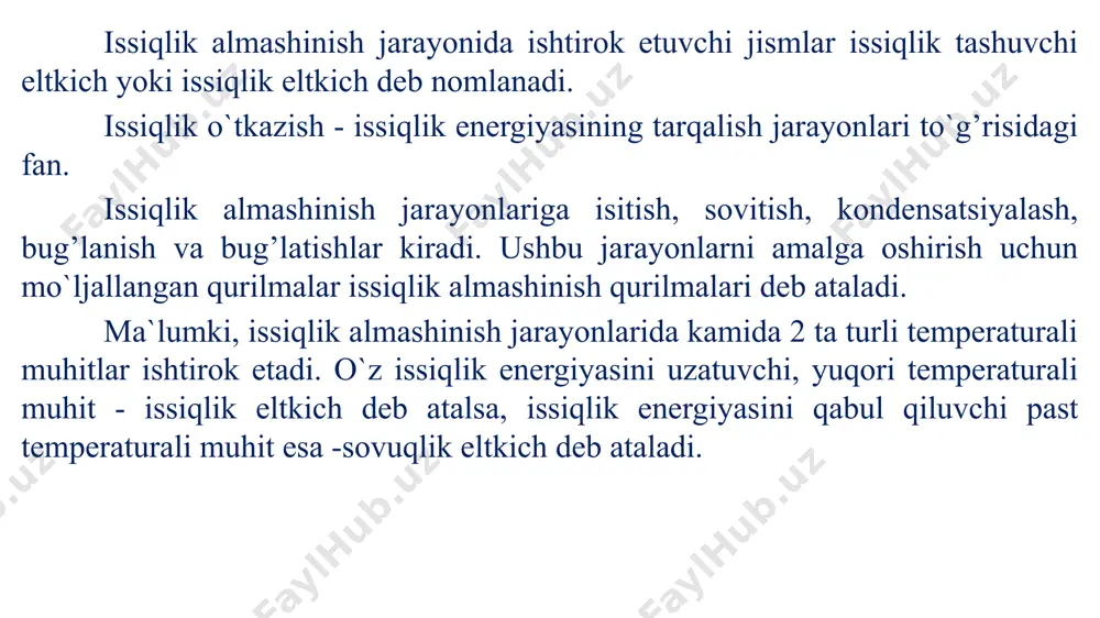 agar, issiqlik almashinish jarayonida issiqlik eltkichning agregat holati o`zgarmasa, unda uning ental’piyasi ushbu ko`rinishda ifodalanadi: odatda, texnik hisoblarda ma`lum temperatura uchun ental’piya qiymati jadval va diagrammalardan topiladi. agar, ikkala eltkichning solishtirma issiqlik sig’imlari ( va ) temperaturaga bog’liq emas deb hisoblansa, unda issiqlik balansining tenglamasi quyidagi ko`rinishni oladi: temperatura maydoni va gradienti muhitlarda issiqlik oqimi va temperaturaning taqsimlanishi o`rtasidagi bog’liqlikni aniqlash issiqlik almashinish nazariyasining asosiy vazifalaridan biridir. tekshirilayotgan muhitning hamma nuqtalari uchun istalgan biror vaqtdagi temperatura qiymatlari majmuiga temperatura maydoni deyiladi. eng umumiy holatda ma`lum bir nuqtadagi temperatura t shu nuqtaning koordinatalari (x, y, z) ga bog’liq bo`ladi va vaqt o`tishi bilan o`zgaradi. demak, temperatura maydonini ushbu funktsiya bilan ifodalash mumkin: ushbu bog’liqlik turg’un temperatura maydonini ifodalovchi tenglamadir. xususiy holatda (5) tenglama faqat fazoviy koordinatalar funktsiyasi bo`ladi, ya`ni: va unga tegishli turg’un temperatura maydonini ifodalaydi. agar, jismda biror tekislik o`tkazilsa va ushbu tekislikdagi bir xil temperaturali nuqtalarni birlashtirsak, o`zgarmas temperaturali …
