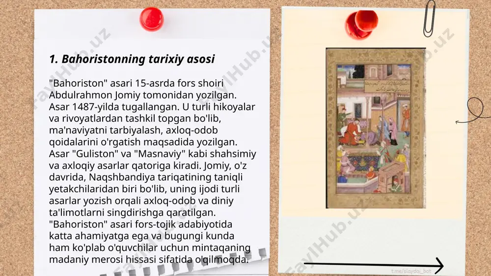 yozilgan. bu asar devon uslubida yozilgan bo'lib, epik va lirik janrlar uyg'unligini o'zida mujassam etadi. 8 bobdan tashkil topgan "bahoriston"da shoir 650 ga yaqin hikoya va rivoyatlar orqali insonparvarlik, ma'rifat va adolat kabi mavzularni yoritadi. har bir bob turli-tuman hikoyalar va masallar bilan boyitilgan, bu esa epik va lirik janrlarni bir-biriga uyg'unlashtiradi. "bahoriston"da navoiy lirik ifodalar orqali inson ruhiyatiga ta'sir qiladi, epik hikoyalar orqali esa keng qamrovli ijtimoiy va ma'naviy muammolarni tahlil qiladi. asar shoirning ma'rifatparvarlik g'oyalarini tarannum etuvchi muhim asarlaridan biridir. ... t.me/slaydai_bot 7. "bahoriston"dagi axloqiy masalalar "bahoriston" alisher navoiyning axloqiy masalalariga bag'ishlangan asarlaridan biri hisoblanadi. ushbu asarda insoniylik, odob-axloq qoidalarini shakllantirish hamda jamiyatdagi munosabatlarni tartibga solish haqida so'z yuritiladi. asarda hikoyatlar va masallar orqali hidoyat berilgan bo'lib, har bir qissa o'quvchiga axloqiy saboq berishni maqsad qilgan. "bahoriston"da insoniy fazilatlar, adolat, halollik va sabr-toqat kabi ko'plab axloqiy tushunchalar ko'tarilgan. asar, shuningdek, insonning nafsi bilan kurashi va axloqiy kamolotga erishish …