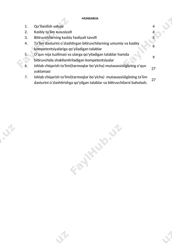 hakllari va hamkasblar va ijtimoiy hamkorlar, ota-onalar (ularning o‘rnini bosuvchi shaxslar) bilan o‘zaro hamkorlik jarayoni; o‘quv jarayonini hujjatlashtirish ta’minoti. 3.2.2. texnik / texnik-texnolog kvalifikatsiyasi bo‘yicha: ustaxonalar; o‘quv poligonalar; o‘quv maydonchalar; laboratoriyalar; amaliyotni o‘tkazish joylari. 3.3. bitiruvchining kasbiy faoliyat turlari: 3.3.1. ishlab chiqarish ta’limi ustasi (elektr energetika) kvalifikatsiyasi bo‘yicha: o‘quv-ishlab chiqarish jarayonini tashkil etish; biriktirilgan guruh o‘quvchilarini muntazam va sinfdan tashqari ishlarda pedagogik qo‘llab-quvvatlash; o‘quv-ishlab chiqarish amaliyotlarini metodik ta’minotini yuritish va guruhning pedagogik ta’minoti; ishlab chiqarish amaliyotini tashkil etishda ishtirok etish; 3.3.2. texnik / texnik-texnolog kvalifikatsiyasi bo‘yicha: o‘quv ishlab chiqarish ustaxonasi (o‘quv poligonalari, o‘quv maydonchalari, laboratoriyalari va amaliyotni o‘tkazishning boshqa joylari)da amaliy-kasbiy ta’lim jarayonini tashkil etish; o‘quv-ishlab chiqarish muhitini yaratish, ustaxonlarni jihozlash va modernizatsiya qilish bo‘yicha takliflar tayyorlash; o‘quv va(yoki) ishlab chiqarish amaliyotini tashkil etish va o‘tkazish; o‘quv va ishlab chiqarish amaliyoti vaqtida ta’lim oluvchilarning kasbiy kompetensiyalarni rivojlantirish; o‘quv va ishlab chiqarish amaliyoti jarayonida ta’lim oluvchilarning motivatsiyasi hamda tayyorgarlik dinamikasini joriy …