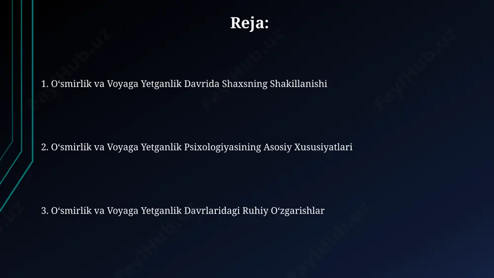 oshdan kechirar ekan, shaharlarda esa bu koʻrsatkich 15% atrofida. oʻsmirlik davrida identifikatsiya jarayoni muhim ahamiyatga ega boʻlib, erikson nazariyasiga koʻra, bu davrda oʻsmir oʻzining ijtimoiy roli va kelajakdagi maqsadlarini aniqlashga harakat qiladi va bu jarayon 3-5 yil davom etishi mumkin. voyaga yetganlikning jismoniy o'zgarishlari voyaga yetganlik davrida, dunyoning ko'pgina mintaqalari singari, o'zbekistonda ham, suyaklarning mineral zichligi ortadi, suyaklarning mustahkamligi oshadi, bu jarayon taxminan 20 yoshga kelib yakunlanadi va 250 dan ortiq suyaklarning mustahkamlanishini o'z ichiga oladi. voyaga yetganlik davrida, taxminan 10-14 yosh orasida, qizlarda ko'krak o'sishi va hayz ko'rish boshlanishi kabi reproduktiv tizimning sezilarli o'zgarishlari kuzatiladi, bu esa gormonal o'zgarishlar bilan bog'liq. voyaga yetganlikning kognitiv xususiyatlari piagetning kognitiv rivojlanish nazariyasiga ko'ra, voyaga yetganlik formal operatsion bosqich bilan tavsiflanadi (taxminan 12 yoshdan keyin), bu esa gipotezalarni yaratish va abstrakt fikrlash qobiliyatlarini yanada rivojlantirishni anglatadi, masalan, shveytsariya psixologiyasida o'rganilganidek. voyaga yetganlik davrida, taxminan 25 yoshga kelib, prefrontal korteksning rivojlanishi tugallanadi, bu esa …