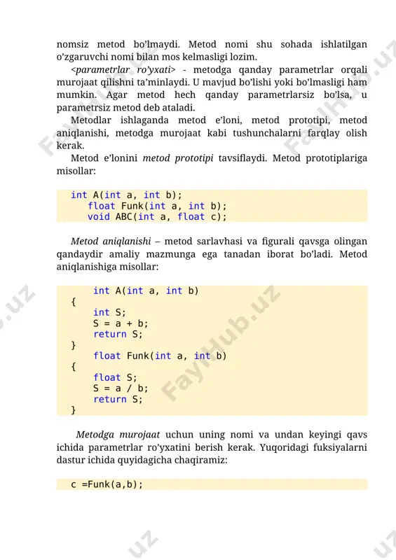 a, int b); void abc(int a, float c); metod aniqlanishi – metod sarlavhasi va figurali qavsga olingan qandaydir amaliy mazmunga ega tanadan iborat bo’ladi. metod aniqlanishiga misollar: int a(int a, int b) { int s; s = a + b; return s; } float funk(int a, int b) { float s; s = a / b; return s; } metodga murojaat uchun uning nomi va undan keyingi qavs ichida parametrlar ro’yxatini berish kerak. yuqoridagi fuksiyalarni dastur ichida quyidagicha chaqiramiz: c =funk(a,b); biz yuqorida metod prototipi, metod aniqlanishi va metodga murojaatni umumiy holat uchun ko’rib chiqdik. ammo c# tili to’liq obyektga yo’naltirilgan til bo’lgani uchun unda metod bilan ishlashda ayrim o’zgarishlar kiritilgan. metod prototipi va metod aniqlanishida qaytaruvchi qiymat oldidan static kalit so’zini yozish talab etiladi. quyidagi misolni ko’raylik: 4.1-listing using system; namespace app9_func { internal class program { private static int funk(int a, int n) { int s = 1; …