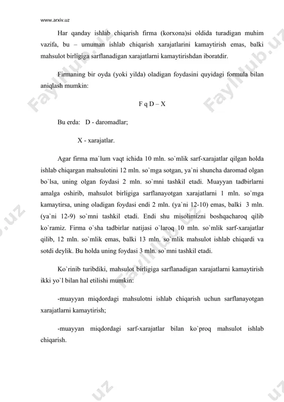 rishni tayyorlash va o`zlashtirish xarajatlariga quyidagilar kiradi: -yangi ishga tushirilgan korxonalarni o`zlashtirish va foydasini ta`minlash bilan bog`liq xarajatlar; -yangi turdagi mahsulot, ilg`or texnologik jarayonlarni tayyorlash va o`zlashtirish uchun sarflangan xarajatlar; -yangi, unumli texnikani yaratganligi uchun mukofot fondi ajratmalari va boshqalar. dastgohlarni saqlash va ekspluatatsiya qilish xarajatlariga dastgohlarni joriy sozlash, tsex transporti, ish joylarining amortizatsiyasi, tsex instrumentlarini tiklash va moslash bilan bog`liq bo`lgan xarajatlar kiradi. sex xarajatlari deyilganda, tsexni boshqaruvchi xodimlarning ish haqi fondi va ijtimoiy muhofaza uchun ajratmalar, uni isitish, yoritish, suv va kanalizatsiya tarmoqlari bilan ta`minlash, ilmiy tadqiqotlar o`tkazish va hokazolar bilan bog`liq xarajatlar tushuniladi. umumkorxona xarajatlari korxonani boshqarish bilan bog`liq bo`lgan xarajatlar yig`indisidan iborat bo`lib, ularga quyidagilar kiradi: -boshqarish xarajatlari; -umumxo`jalik xarajatlari; -to`lov va ajratmalar. boshqarish xarajatlari quyidagilardan iboratdir: -zavod boshqarmasi, bo`limlar xodimlarining tasdiqlangan shtat ro`yxatiga muvofiq mansab maoshlarining yig`indisi; -xodimlarning xizmat safari xarajatlari; -soqchi xodimlarning ish haqi, ularga beriladigan maxsus kiyimlar, o`t o`chiruvchi mashinalarga sarf qilinadigan yoqilg`i …
