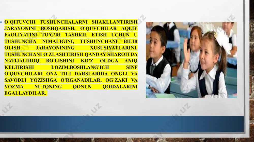 ilgari o'zlashtirilgan tushunchalar bilan bog'lanishini aniqlash. ko'rsatilgan bosqichlarda . 1-mashq.berilgan so‘zlarning leksik ma'nosini aytib bering. olma,sabzi,sholĝom avtomobil daraxtlar,choynakning yashil o‘simlik,qizil olma,kitob. xulosa,tushunchani shakllantirishda xatoning oldini olish uchun ta'lim bеrish jarayonida qator mеtodik talablarga rioya qilinadi. tushunchani o'zlashtirish ustida ishlash jarayoni o'ziga xos murakkab jarayon hisoblanadi,shuning uchun o‘quvchilarga so‘zning leksik ma'nosini o‘rgatishda izchillikka amal qilish kerak. foydalanilgan adabiyotlar ro’yxati: 1. siddiqova sh―badiiy matnni shakllantiruvchi sintaktik vositalar‖ boshlang'ich ta‘limning dolzarb masalalari: muammo va yechimlar (an‘anaviy) mavzusidagi respublika ilmiy-amaliy materiallari jizzax 2020. 2. k.qosimova."ona tili o‘qitish metodikasi "toshkent;2019. 3. www.ziyo. net. e’tiboringiz uchun raxmat! image3.jpg image4.png image5.png image6.png image7.png image8.png