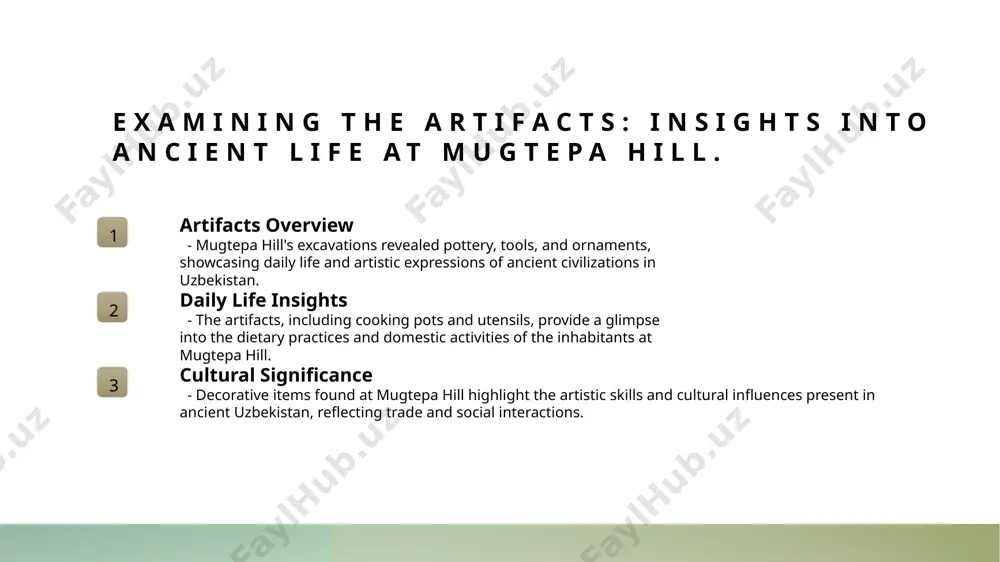 help visualize mugtepa's ancient architecture, allowing researchers to simulate historical environments for better understanding and analysis. 3 environmental monitoring implementing environmental monitoring systems protects mugtepa's archaeological sites from natural erosion, ensuring the preservation of artifacts and structures through proactive measures. challenges and solutions in mugtepa hill conservation efforts. environmental threats mugtepa hill faces significant environmental challenges, including erosion, climate change, and pollution, which jeopardize the integrity of its archaeological remains and artifacts. funding limitations insufficient funding hinders conservation efforts at mugtepa hill, making it difficult to execute necessary restoration projects and maintain ongoing archaeological research and site management. community engagement engaging local communities is crucial for conservation success. increased awareness and involvement can foster support for preservation efforts and help protect mugtepa's cultural heritage. conclusions historical importance of mugtepa mugtepa hill is crucial in understanding central asia's history, revealing ancient civilizations' legacies through artifacts and structures that showcase cultural evolution …