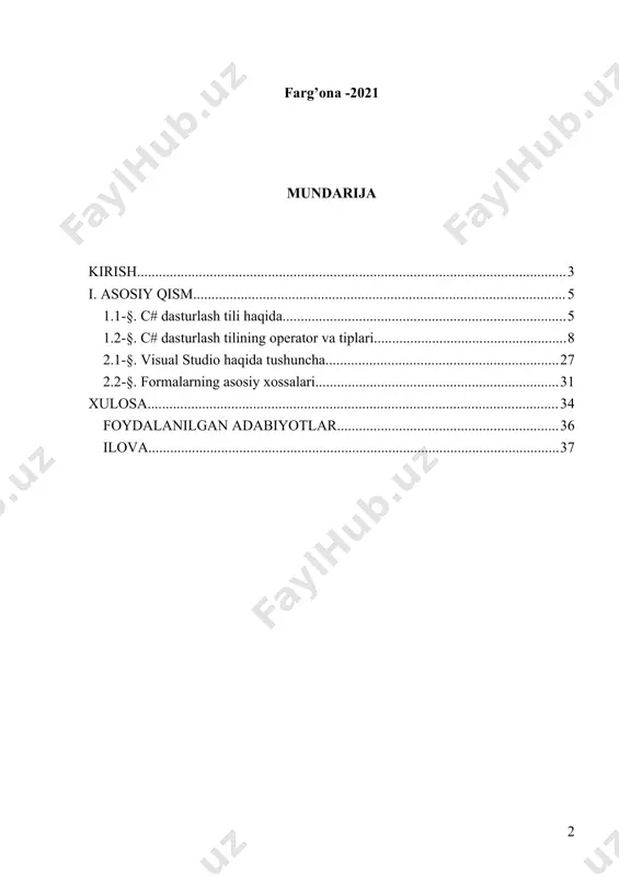 ida”gi qarori 30.10.2013 y, o‘zbekiston respublikasi prezidentining “o‘zbekiston respublikasi telekommunikatsiyalar tarmoqlarini boshqarish tizimini takomillashtirishga oid qo‘shimcha chora-tadbirlar to‘g‘risida”gi qarori, o‘zbekiston respublikasi prezidentining “milliy axborot-kommunikatsiya tizimlarining kompyuter xavfsizligini ta’minlash borasidagi qo‘shimcha chora-tadbirlar to‘g‘risida”gi qarori,o‘zbekiston respublikasi prezidentining “axborot-kommunikatsiya texnologiyalarini yanada rivojlantirishga oid qo‘shimcha chora-tadbirlar to‘g‘risida”gi qarori ,o‘zbekiston respublikasi prezidentining “axborot texnologiyalari sohasida kadrlar tayyorlash tizimini takomillashtirish to‘g‘risida”gi qarori, o‘zbekiston respublikasi prezidentining “o‘zbekiston respublikasining jamoat ta’lim axborot tarmog‘ini tashkil etish to‘g‘risida”gi qarori, o‘zbekiston respublikasi prezidentining “kompyuterlashtirishni yanada rivojlantirish va axborot-kommunikatsiya texnologiyalarini joriy etish to‘g‘risida”gi farmoni fikrimiz dalilidir. kompyuter tillari o’z-o’zidan emas, balki o’zaro bir-biriga bog’liqlikda mavjud boʻladi. har qanday yangi til u yoki bu shaklda oldingi yaratilgan tillarning xossalarini oʻziga meros qilib oladi, yaʼni ketma-ketlik prinsipi amalga oshiriladi. natijada bitta tilning imkoniyatlari boshqalari tomonidan foydalaniladi (masalan, yangi xususiyatlar mavjud kontekstga birlashtiriladi, tilning eski tuzilishlari esa oʻchirib yuboriladi). kompyuter tillarining evolyutsiyasi shunday tarzda roʻy beradi va dasturlash mahorati takomillashtiriladi. c# tili yuqoridagilardan istisno emas, …