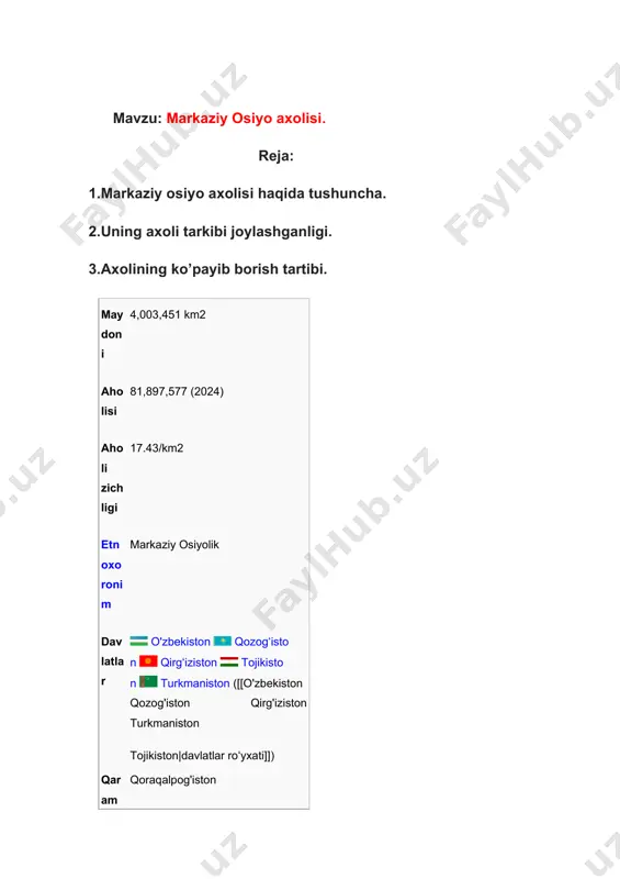 izlar va uygʻurlar kabi turkiy xalqlarning vataniga aylandi. tojikistonni istisno qilganda, hududda amal qilgan eroniy tillar oʻrniga turkiy tillar kirib keldi. tarixan markaziy osiyo buyuk ipak yoʻli bilan aloqador boʻlib, yevropa va uzoq sharq orasida odamlar, tovarlar va gʻoyalar almashinuvi uchun chorraha vazifasini bajargan. markaziy osiyoning koʻpchilik davlatlari bugungi kunda ham dunyo iqtisodining muhim tarkibiy qismi hisoblanadi.[4][5] xix asr oxirlaridan xx asr oxirigacha markaziy osiyo ruslar tomonidan mustamlakaga aylantirilgan. hudud dastlab rossiya imperiyasi, keyinchalik sovet ittifoqi tarkibiga kiritilgan boʻlib, bu ruslar va boshqa slavyan xalqlarining hududga koʻchib kelishiga sabab boʻldi. bugungi kunda markaziy osiyoda kelib chiqishi yevropalik boʻlgan koʻp sonli xalqlar mavjud boʻlib, ulardan asosiy qismi qozogʻistonda istiqomat qiladi. hududda 7 million ruslar, 500,000 ukrainlar va tahminan 170,000 nemislar yashaydi. stalin davridagi majburiy koʻchirishlari sababli hudduda bugungi kunda 300,000 dan ortiq koreyslar ham istiqomat qiladi.[6] markaziy osiyoda tahminan 80.2 million kishi istiqomat qilib, ular beshta davlatga taqsimlangan: qozogʻiston (20 million), …