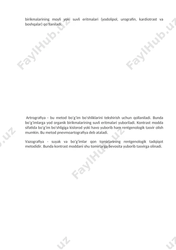 i metod sifatida qo'llanishi mumkin. bu metod suyakdagi shishlar va metastazlarni kasallikning klinik belgilari paydo bo'lishidan ancha oldin ko'rsatib bera oladi. normal suyak va bo’g’imlarning rentgen tasviri. rentgenogrammalarda suyaklarning soya tasviri asosan mineral tuzlar tomonidan rentgen nurlari ko'p yutilganligi sababli hosil bo'ladi. ma’lumki, suyaklar strukturasi ikki xil kompakt va g'ovak moddadan iborat. kompakt modda suyakning tashki qismini tashkil qiladi va bir jinsli soya beradi. turli suyaklarning morfologik strukturasi turlicha. skeletning yumshoq to'qimalari - suyak usti pardasi (periost), endost, ilik, qon tomir va nervlar, tog'ay, bog'lamlar, bo'g'im kapsulasi, sinovial parda, shilimshiq modda xaltasi, suyuqlik, fiziologik sharoitlarda rentgen nurini atrofdagi yumshoq to'qimalar (mushaklar) qatori yutadi va soya hosil qilmaydi. suyaklarning rentgenologik tasviri ularning shakliga bog'lik. odam suyaklari shakli uch tipga bo'linadi: naysimon (uzun, qisqa), yassi va aralash suyaklar. naysimon suyaklar uch qismga bo'linadi. suyaklarning bo'g'im hosil qiluvchi chetki uchlari - epifizlar, suyaklarning o'rta qismi (tanasi) - diafiz va ularning orasi, o'sish zonasi …