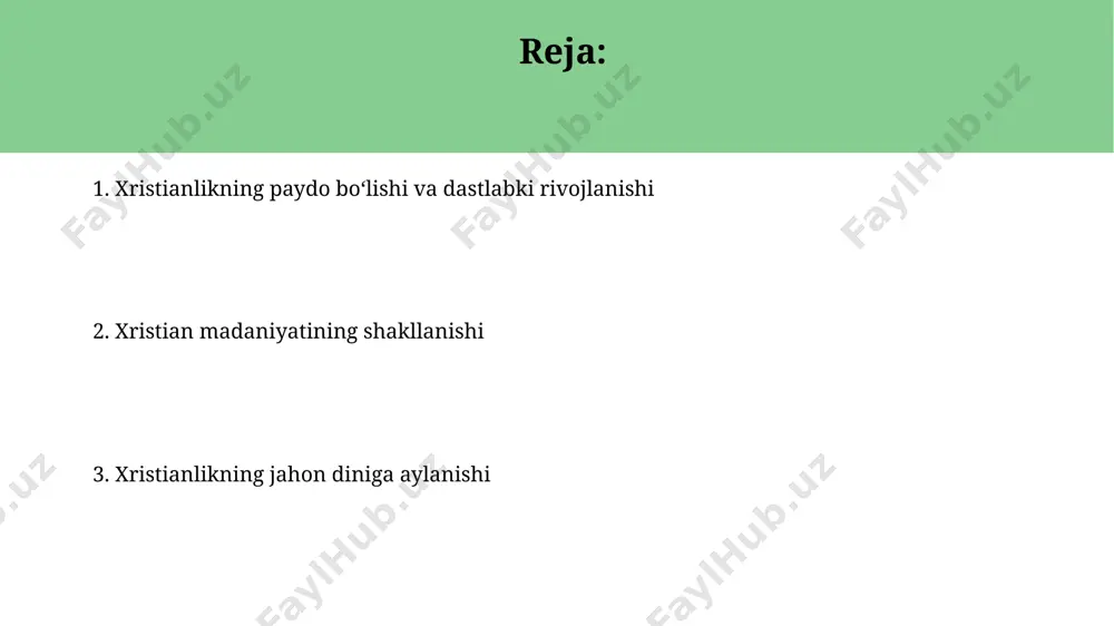 rlarida, jumladan, aleksandriya va antiohiyada, xristian cherkovlari vayron qilindi va muqaddas kitoblar yoqib yuborildi. xristian taʼqibi davrida minglab odamlar qatl etildi, ular orasida ruhoniylar va oddiy odamlar ham bor edi, bu taʼqiblar konstantinning 313-yilda milanda xristian diniga bag'rikenglik deklaratsiyasi chiqarishi bilan yakunlandi. yahudiylik va xristianlikning oʻzaro aloqasi yahudiylikning tavrot (5 kitoblik muso kitobi) xristianlikning injilining eski ahd qismining asosini tashkil etgani va isoga qadar bo'lgan yahudiy tarixi va madaniyati yangi dinning shakllanishiga katta taʼsir ko'rsatganini ko'rsatadi. miloddan avvalgi 1-asrda falastinda paydo bo'lgan xristianlik, yahudiylikdan kelib chiqqan bo'lsa-da, isoga bo'lgan eʼtiqod va uning xochga mixlanishi va tirilishi kabi asosiy tamoyillar bilan farq qiladi. rim imperiyasi davrida xristianlikning tarqalishi 4-asrda rim imperiyasi hududida, misr, suriyada monastizmning rivojlanishi, diniy taʼlimotlarning keng tarqalishiga va yangi nasroniy jamoalarining shakllanishiga hissa qoʻshdi. rim imperiyasi parchalanishi bilan (476 yil) nasroniylik gʻarb va sharq rim imperiyalarida turli yoʻllar bilan rivojlanib, turli marosimlar va urf-odatlar paydo boʻldi. oʻrta asrlar …