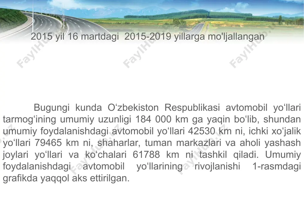 jixozlari holati) transport vositalari va meteorologik sharoit taʼsiridan, hamda saqlash darajasiga bogʻliq ravishda meʼyoriy talablarga muvofiq kelish darajasi hisoblanadi. * yoʻl va uning inshootlarini texnik va ekspluatatsion holatini zarur boʻlgan darajasini taʼminlash uchun yoʻllarni taʼmirlash va saqlash xizmati tashkil qilinadi. yoʻllarni taʼmirlash va saqlash xizmatining asosiy maqsadi - harakat jadalligi va yuklarni oʻsib borishiga muvofiq ravishda yoʻlning texnik va ekspluatatsion holatini oshirish hamda taʼminlab turish, shu bilan birga avtomobillar ish samaradorligini va unumdorligini oshirish, yuk tashish tan narxini pasaytirishdan iborat. * * unknown-0.xls unknown-1.xls unknown-2.xls unknown-3.xls 0 5000 10000 15000 20000 25000 30000 35000 40000 45000 194019441948195219561960196419681972197619801984198819921996200020042008 йиллар йўллар узунлиги, км йўллар умумий узунлиги халқаро аҳамиятдаги йўллар давлат аҳамиятидаги йўллар вилоят аҳамиятидаги йўллари маҳаллий аҳамиятдаги йўлларцементбетон қопламали йўллар асфальтбетон қопламали йўлларқора қопламали йўллар шағалли йўллартупроқли йўллар 8,5 39,8 51,7 0 10 20 30 40 50 60 халқародавлатмаҳаллий йўллар аҳамияти фоиз улуши, % 41,0 2,2 3,9 52,9 0 10 20 30 …