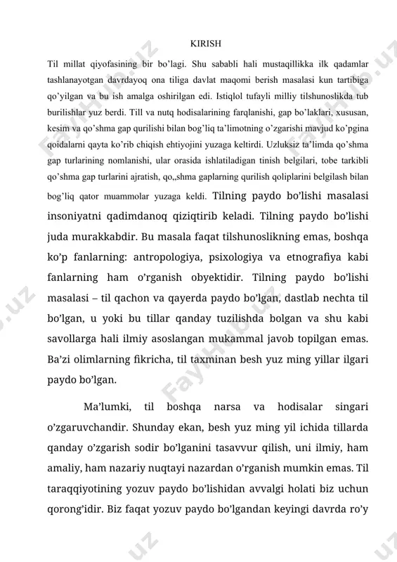 emas. anchagina tillarning qachon paydo bo’lganligi, qachon tarkib topganligi aniqlangan. biroq, yer yuzida umuman insoniyatga xos tilning qachon paydo bo’lganligi, dastlabki tillarda qanday so’zlar bo’lganligi, uning grammatik xususiyatlari nimalardan iborat ekanligi hal qilingan emas va hal qilinishi ham mumkin emas. chunki bundan bir necha yuz ming yillar burun paydo bo’lib, keyinchalik nom – nishonsiz yo’qolib ketgan tillar ham bo’lgan. bundan bir necha yuz ming yil burun paydo bo’lgan tillarning fonetik tizimi, so’z boyligi, grammatikasi va boshqa muayyan xususiyatlaridan qat’i nazar, umuman tilning kelib chiqishi o’rganilar ekan, eng avvalo, tilning kelib chiqishidagi shart – sharoitlarni tadqiq qilish, ya’ni insonlar qanday sharoitda so’zlay boshlaganliklarini o’rganish va bu masalani umuman tilning kelib chiqishi masalasi bilan bog’lagan holda tahlil qilib, xulosa chiqarish lozim. tilning kelib chiqishi masalasini aniqlashdagi qiyinchilik shundan iboratki, birinchidan, hozirgi til tarixi fani dunyoda umuman tilning qanday paydo bo’lganligi to’g’risida hech qanday dalillarga ega emas. chunki hozir bizga ma’lum tillarning yozuv …