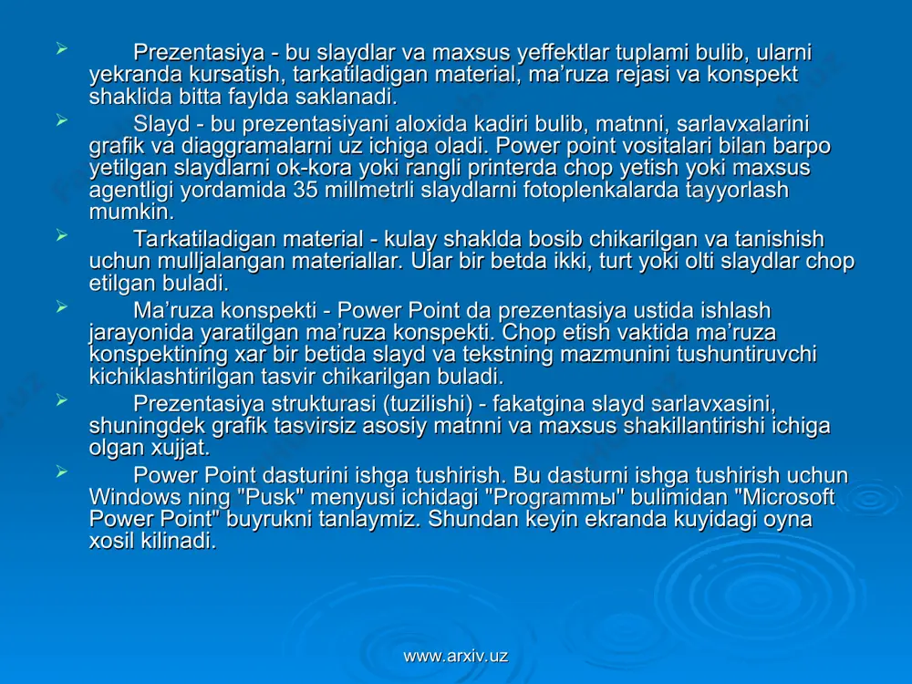 moщ menyu bulimlaridan, standartnыye, formatirovaniye va boshka yordamchi tugmalar (asboblar) satrlaridan, ish soxasidan va ma’lumotlar satridan iborat. yordamchi tugmalarning kup kismi bizga boshka microsoft office dasturlari (word, excel va access )orkali tanish, shuning uchun fakat power point ga mansub tugmalarga aloxida tuxtaymiz. www.arxiv.uz www.arxiv.uz power pointga mansub yordamchi tugmalar - taqdimotga yangi bush slayd kushish. ushbu tugma tanlangandan keyin ekranda oyna orkali yangi slayd turini tanlashni bizga taklif etadi. - taqdimot slaydlarini shakllantirishda power point ning tashki kurinishini (rangli jixozlanishini) uzgartirish yordamchisini ishga tushirish. - taqdimotni struktura rejimida kursatganda, slaydlar sarlavxalari va barcha asosiy matinnlarining kursatish yoki kursatmasligini ta’minlaydi. - taqdimotni struktura rejimida kursatganda, slaydlar sarlavxalari va barcha matinnlarining jixozlanishini (tashki kurinishini) kursatish yoki kursatmasligini ta’minlaydi. - tanlangan matn obyektning xarflarini soyali (s tenyu) tashki kurinishiga utkazish. - tanlangan matn obyektning xarflarini bitta kadamga kattalashtirish. - tanlangan matn obyektning xarflarini bitta kadamga kamaytirish. www.arxiv.uz www.arxiv.uz -slayd obyektlarining paydo bulishini aniklaydigan …