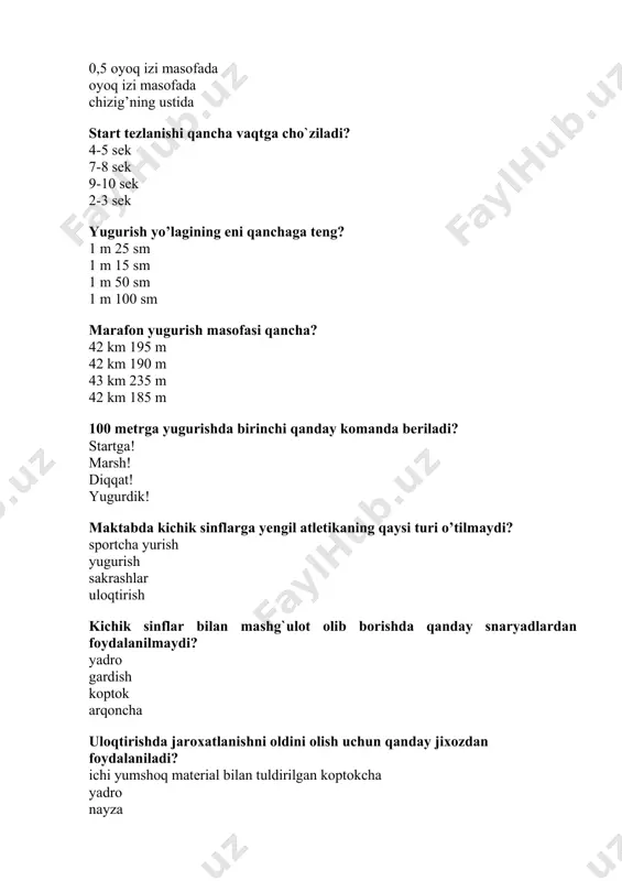 lementlari bilan estafetalar bajarishda qanday jixozlardan foydalanilmaydi? yadro koptok arqoncha sharchalar yengil atletika musobaqalarini o’tkazish uchun hakamlar hayati kim tomonidan tayinlanadi? tegishli federatsiyalar tomonidan bosh kotib tomonidan murabbiy tomonidan bosh hakam tomonidan yengil atletika sport turida hakamlar hayati tarkibi qaysi qatorda to’g’ri berilgan? bosh hakam , bosh kotib , ularning o'rinbosarlari va yordamchilar bosh hakam ularning o’rinbosalari bosh kotib, yordamchi hakam ,ularning o’rinbosarlari sekundamerchi hakam , bosh hakam , bosh kotib past start xolatida turgan yuguruvchining nigohlari qaerga yunaltirilgan bo’ladi? pastdan oldinga yuqoriga yon tomonga start beruvchiga uch hatlab sakrashning ketma ketligini ko’rsating. sapchish, qadam tashlash sakrash sakrash, sapchish, qadam tashlash qadam tashlash, sakrash, sapchish qadamlash, sapchish, sakrash marraga yaqin kelganda yuguruvchi nima qilishi kerak? oyoqlari yerda bo’lga bir vaqtda kukrakni shiddat bilan oldinga egishi boshini oldinga egishi orqaga egilishi yugurishni sekinlatishi qanday snaryad uloqtirilmaydi, itqitiladi? yadro granata disk bosqon darsning qaysi qismida yugurish mashqlari bajartiriladi? tayyorlov asosiy yakuniy har …