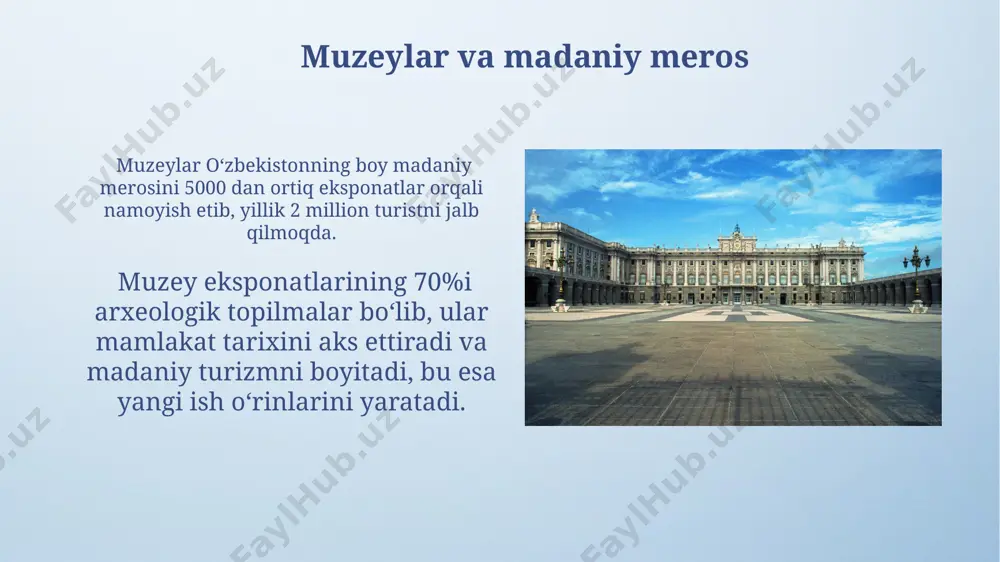 lashtirish samarali muzeylarni boshqarish uchun professional menejerlar jamoasi, marketing strategiyalari va raqamli texnologiyalardan foydalanish muhim. muzeylarni davlat tomonidan moliyalashtirish ulushi o‘rtacha 50% ni tashkil etadi, qolgan mablag‘lar grantlar, homiylik va kirish to‘lovlaridan keladi. muzeylarni rivojlantirish strategiyasi маданият туризмини ривожлантириш учун ҳар йили музейларни модернизациялашга давлат бюджетидан 10 млн. ақш доллари ажратилиши кўзда тутилган. музейларни ривожлантириш стратегиясига кўра, 2025 йилгача музейларнинг 50%и замонавий технологиялар билан жиҳозланиши ва онлайн платформалари яратилиши режалаштирилган. raqamli texnologiyalar va muzeylar muzeylarda qo'llaniladigan ar ilovalari 5000 dan ortiq qo'shimcha ma'lumot, 3d modellashtirish va audio-gidlarni taqdim etib, tashrif tajribasini boyitadi. raqamli texnologiyalar muzeylarning tashrif buyuruvchilar sonini 30% ga oshirishga yordam beradi, chunki interaktiv eksponatlar va vr texnologiyalari yosh avlodni jalb qiladi. muzeylarning iqtisodiy ta'siri muzeylar turizm sektoriga qo'shgan hissasi tufayli, mahalliy aholi uchun yangi ish o'rinlari, jumladan, muzey xodimlari, qo'llanma tarjimonlari va xizmat ko'rsatish sohasi vakillari uchun 20% ga yaqin ish o'rinlari yaratiladi. muzeyga tashrif buyuruvchilarning o'rtacha xarajati, …