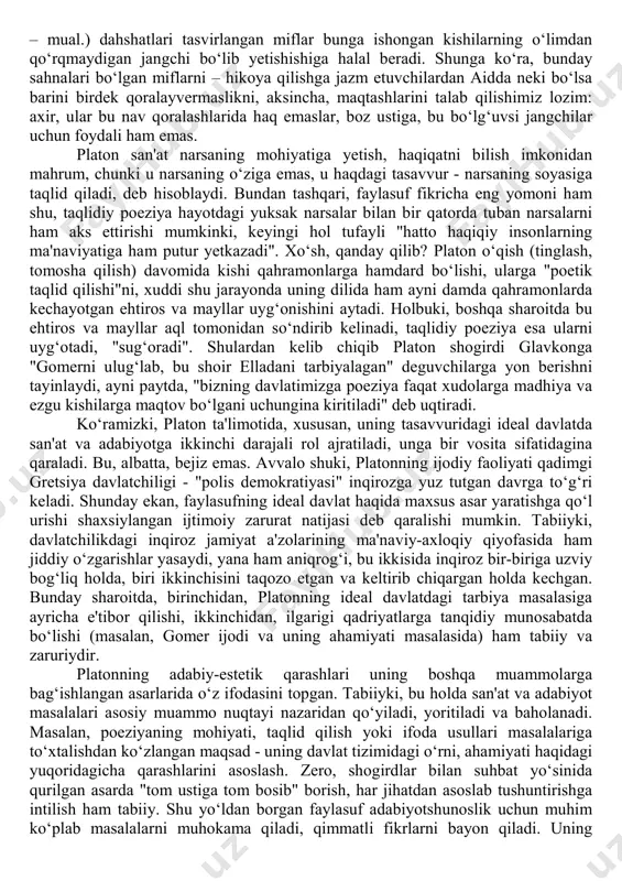 at va uning shogirdlari nutq oldiga bir qator talablarni qoʻyadilar. masalan: nutq ravon boʻlishi lozim, buning uchun esa unlilarning yondosh kelishiga yoʻl qoʻymaslik kerak; fikrning yarmisinigina ifodalash kerak, biroq shundayki, qolgan yarmi tinglovchiga shundoq ham tushunarli boʻlsin; proza butkul proza boʻlmasin, bu holda u quruq boʻlib qoladi, biroq uning toʻla vaznli boʻlishi ham nomaqbul – koʻzga yaqqol tashlanib qoladi va boshq. sofistlarning faoliyati tamomila amaliy yoʻnaltirilgan, ya'ni muhokamalarda tinglovchilar fikrini shakllantira oladigan notiqlar tayyorlash, shunga muvofiq nutq irod qilish yoʻllarini oʻrganish va oʻrgatishdan iborat edi. shu bois ham ular nutqning ifodali boʻlishi bilan birga dalilli boʻlishiga ham jiddiy e'tibor berganlar. jumladan, ular voqelikni tasvirlash, fikrni dalillashda "haqiqatga oʻxshashlik", "ehtimollik" ("eykos") prinsipiga amal qilganlar. bu prinsipga koʻra muayyan voqea, shaxs yoki uning xatti-harakati haqida tinglovchilarda notiqqa kerak bahoni hosil qilish birlamchi, haqiqat esa ikkilamchi boʻlib qoladi. natijada sofistlar faoliyatida "notiqlik notiqlik uchun" qabilidagi holat yuzaga keladiki, bu antik davrdayoq qattiq tanqidga …