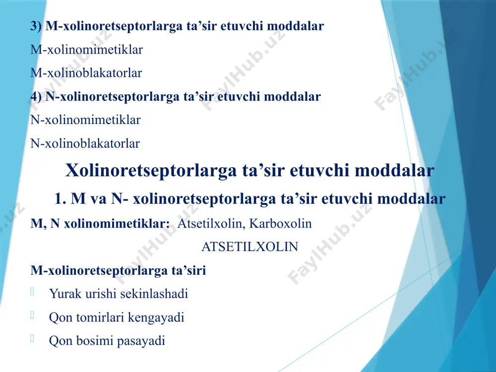 lar. ko’ruv va eshituv galutsinatsiya xolatlari ro’y beradi. oradan bir oz vaqt o’tgach: asabning qo’zg’alishi depresiyaga aylanadi bemor bo’shashadi ,uyqu bosadi og’ir xolatlarda- ukoma, yurak qon-tomir yetishmovchiligi, gipoksiya, nafas to’xtashi va o’lim xolati. yosh bolalarda qo’zg’alish bo’lmasdan birdan depresiya boshlanadi. yordam ko’rsatish atropin va uning ta’siriga qarshi bevosita antidote yo’q. o’tkir zaharlanganda bemor qorong’u xonaga joylashtiriladi. adsorbsiyalovchi dori beriladi. tuzli surgilar, qon o’rnini bosuvchi vositalar quyiladi. qo’zg’alish yuz berganda talvasaga qarashi vosita qilinadii. taxikardiyada –adrenoblakatorlar suniy nafas oldirish platfilin: spazmalitik ta’sir ega vosita qo’llaniladi. oshqozon, icha, o’t yo’llari, qovuq , gipertoniya, miya toj tomirlari tonusi oshib ketkanda. man etiladi. glaukomada, jigar va buyrak kasalliklarida. belladoniy quruq ekstrakti: oshqozon yarasi o’t pufagi yallig’lanishida va boshqa silliq mushaklar qisqarishida ishlatiladi. metatsin: sintetik modda markaziy nerv sistemasiga ta’sir etmaydi bronxlar, qizilo’ngach, oshqozon, ichak shilliq mushaklarini bo’shashtiradi, so’lak va bronx shilliq qavatlarini sekretsiyasini pasaytiradi. ichak yarasi, jigar va buyrak sanchig’ida keng qo’llaniladi. premedikatsiyada –ishlatish …