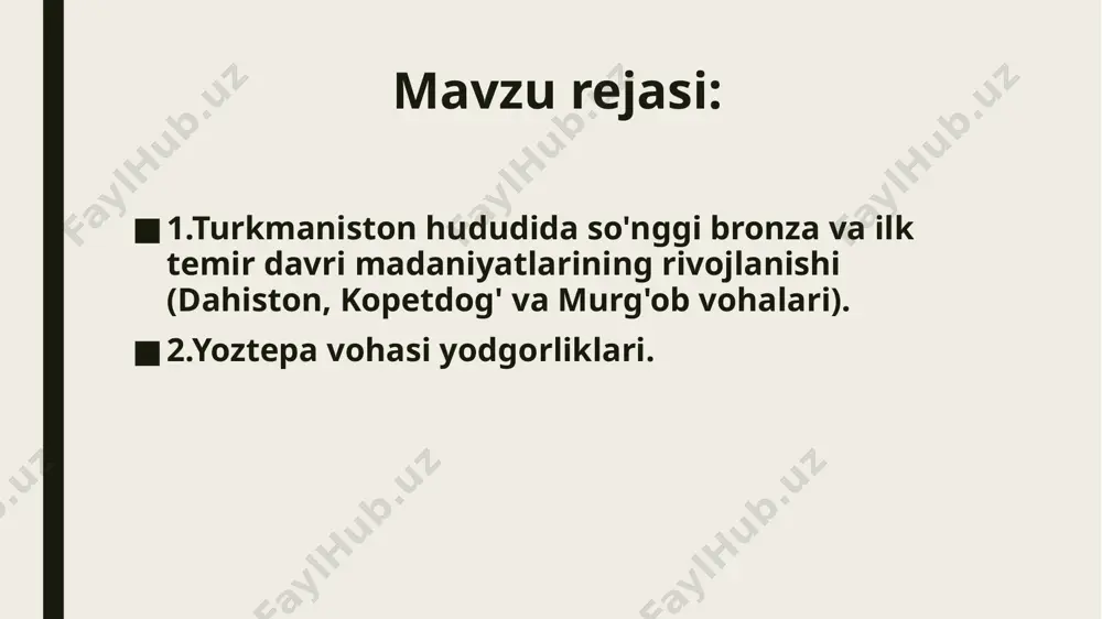 rinchi bosqichi arxeologiyada “naqshli sopollar madaniyati” nomi bilan yuritilib, dastlabki o‘rganilgan yodgorlikning birinchi madaniy qatlamiga nisbatan yoz i bosqichi sifatida qabul qilingan. keyinchalik arxeolog olimlar a.a.asqarov (kuchuktepa), a.s.sagdullayev (qiziltepa), r.h.suleymanov (yerqo‘rg‘on), o.n.lushpenko (sangirtepa) yodgorliklarini yoztepa stratigrafiya ustuniga qiyoslab mil.avv. 1000-350 yillar doirasida sanalaganlar. xxi asr boshlarida turkman-ingliz qo‘shma ilmiy ekspeditsiyasi olib borgan tadqiqot ishlarida o‘tkazgan radiokarbon tekshiruvlari bo‘yicha yoztepaning (yoz i) quyi qatlamini 400 yilga qadimiylashtirib, uning quyi sanasini mil. avv. xiv asr bilan belgilagan edi. keyinchalik yozdepa bilan zomondosh yodgorliklarda ham radiokarbon tekshirishlari o‘tkazilib, mazkur natijalar olindi. ushbu natijalarga asoslansa, o‘rta osiyoning o‘troq dehqonchilik hududlari arxeologik majmualarini quyidagicha xronologik davrlashtirish mumkin bo‘ladi: 1) yoz i-ilk temir ) – mill. avv. xiv/xiii-ix asrlar 2) yoz ii- ilk temir ii yoki ilk arxaik mill. avv. viii-vi asrning birinchi yarmi; 3) yoz iii- ilk temir iii so‘nggi arxaik – mill. avv. vi asr ikkinchi yarmi-iv asr. marg‘iyona. murg‘ob vohasining quy oqimi yerlarini …