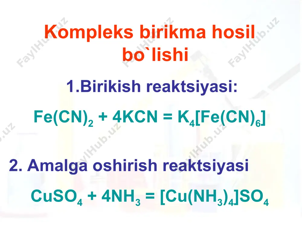 igandlar) barcha biokomplekslar xelatli birikmalardir. bioligandlar - aminokislotalar, oqsillar, nuklein kislotalar, fermentlar va boshqalar. gemoglobin, metallofermentlar, vitamin b-12, xlorofill - xeoat birikmalaridir. l.a. chugaevning xalqalar qoidasi 1) eng barqaror va kuchlilar kompleks hosil qiluvchi vosita ishtirokidagi 5 va 6 a'zoli xalqalar. 2) komplekslashtiruvchi vosita ishtirokidagi xalqa qanchalik ko'p bo'lsa, kompleks shunchalik barqaror bo'ladi. polidentat ligandlar hisoblanadi: natriy etilendiamintetraatsetat (kompleks iii, trilon b). valinomitsin (antibiotik) - к+ bilan 18-toj(kraun)-6 makroxalqali “mehmon-uy egasi” birikmalari polidentat ligandlar hisoblanadi: 4. metalotsenlar - markaziy atomning bo'sh orbitallarining aromatik yoki g‘alayonlangan tizimlarning -elektronlari (ferrotsen) bilan o'zaro ta'siri natijasida hosil bo'ladi.) 5. gemoglobin - gem kompleksi, oqsil - globin. bu fe2+ metalloporfirin kompleksidir. ligandi porfin, markaziy ion fe2+. xelatoterapiya - toksik d- va p-elementlarni organizmdan olib chiqarish uchun ligand - antidotlaridan foydalanish. 1) bal - britaniya antiluziti сн2 – сн – сн2 │ │ │ он sh sh 2) unitiol eruvchan birikma hisoblanadi сн2 – сн – …