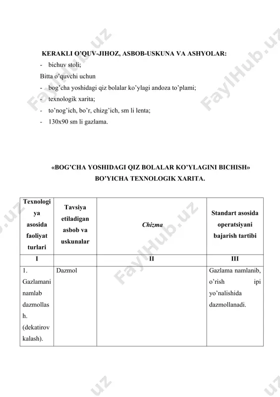 -jihoz, asbob-uskuna va ashyolar: · bichuv stoli; bitta o’quvchi uchun · bog’cha yoshidagi qiz bolalar ko’ylagi andoza to’plami; · texnologik xarita; · to’nog’ich, bo’r, chizg’ich, sm li lenta; · 130x90 sm li gazlama. «bog’cha yoshidagi qiz bolalar ko’ylagini bichish» bo’yicha texnologik xarita. texnologiya asosida faoliyat turlari tavsiya etiladigan asbob va uskunalar chizma standart asosida operatsiyani bajarish tartibi i ii iii 1. gazlamani namlab dazmollash.(dekatirovkalash). dazmol gazlama namlanib, o’rish ipi yo’nalishida dazmollanadi. 2. gazlama nuqsonlarini aniqlash va bo’yi, enini o’lchash. bo’r, sm lenta. gazlama o’ng tomonidan nuqsonlari (teshik ip bo’yoqlar bir tekisligi va boshqalar) tekshiriladi. aniqlangan nuqsonlar bo’r bilan belgilab qo’yiladi. 3. gazlamani bichuv stoliga joylashtirish gazlama bichuv stoli gazlama bichuv stoli ustiga yalang qavat qilib to’shaladi. 4. gazlamaga yubka bo’laklarini joylashtirish. bicho’v stoli, gazlama, bo’laklar andozasi, to’g’nog’ich yubkaning old va ort bo’lak bo’lagi gazlama ustiga joylashtiriladi. bunda bo’lak tanda ipi yo’nalishi gazlama tanda ipi yo’nalishi bilan ustma-ust tushishi shart. tanda …