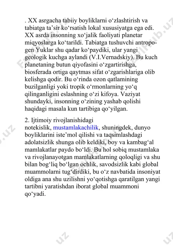 qurishi (uning sathi 3 metrga pasaydi, yana 9-13 metrga pasayishi va sho‘rlanishning 10 marta ortish kutilmoqda), - havoning halokatli tarzda ifloslanishi, xususan yirik shaharlarda (parij, madrid, rio-de-janeyro, tokio, sidney, toronto, london, tegeran, bangkok, nyu-york va boshqalar); giloballashuv belgilari bu jarayon inson hayotining barcha jabhalariga ta'sir ko'rsatdi. globallashuvning asosiy omillari: 1. milliy davlatlarning zayıflaması. 2. nato, bmt kabi jahon tashkilotlarining paydo bo'lishi va ularning kuchini oshirish. 3. globallashuv jarayoniga qiziqqan kishilar uchun bu erkin savdo, kapital harakatlari va soliqlarning kamayishi shakllanishidir. 4. reklama taraqqiyoti. 5. eksport va import hajmini oshirish. 6. qimmatli qog'ozlar birjasining aylanmasi. 7. turli qit'alarda joylashgan korxonalarni birlashtirish. 8. madaniyatlarni birlashtirish, xalqaro tilning paydo bo'lishi. 9. xalqaro turizmni rivojlantirish. globallashuvning tarozi va kamchiliklari butun dunyodagi siyosatchilar va olimlar bu jarayonning odamlarning hayotidagi o'rni haqida bahslashmoqda. biroq globallashuvning ijobiy va salbiy tomonlarini inkor eta olmaydi. ha, u xalqaro raqobatni yuzaga keltirdi va bu kompaniya o'z mahsulotlarining sifatini yaxshilashga, texnik …
