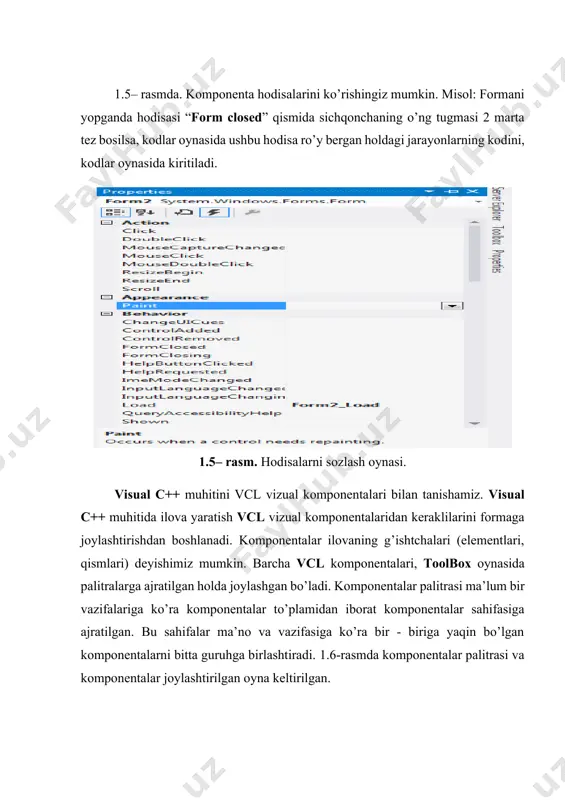 ; · yangi xususiyatlar, metodlar va voqealarni aniqlash; · yaratilgan komponentani qayd etish. qidirish oson bo’lishi uchun, palitra funkstional jihatdan o’xshash komponentalarni birlashtiradigan qo’shimcha ilovalar bilan bo’lingan. tanlab olingan komponentaning kontekst menyusini unga sichqonchaning o’ng tugmasini bosib ochish mumkin. bular ichidan ok yozuvli button tugmasini, a yozuvli label tugmasini osonlik bilan topish mumkin. agar sahifada komponentalar juda ko’p bo’lsa, harakatlanuvchi tugmalar orqali o’ng va chapga panelni harakatlantirish orqali barcha komponentalarni ko’rishimiz mumkin. barcha komponentalar biror nom yoki maxsus yorliq orqali berilgan, agar sichqoncha kursorini yorliq ustiga oborsak shu komponenta nomi paydo bo’ladi. e’tibor bergan bo’lsangiz, ko’pgina komponentalar to’rtburchak yoki dumaloq shaklga ega. ixtiyoriy komponentani formaga ikki xil yo’l bilan joylashtirish mumkin. komponenta ustida sichqonchani olib borib chap tugmasini ikki marta bosilsa, mazkur komponenta forma markazida paydo bo’ladi. ikkinchi usul sichqoncha chap tugmasini komponenta ustida bir marta bosilib, siljitish bilan formaga joylashtirish mumkin. formaga joylashtirilgan komponentani formaning ixtiyoriy qismiga siljitishimiz mumkin. …