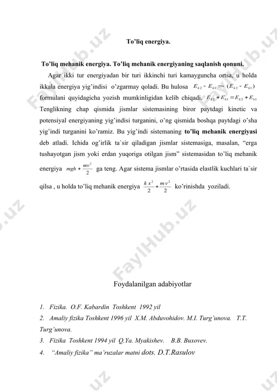 mexanik energiyaning saqlanish qonuni va uning qo’llanishi - Page 5