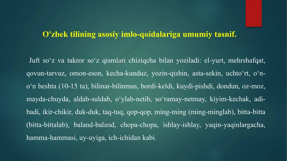 ari tomonidan ongli ravishda kelishilgan holda yaratiladi. bu me'yorlarning amal qilishi maxsus imlo qoidalari bilan tasdiqlandi. ayniqsa yozma nutqda bu qoidalarni bilish majburiydir. foydalanilgan adabiyotlar: 1. aminov m., madvaliyev a., mahkamov n., mahmudov n. ish yuritish. – toshkent, 2000. 2. boltayev m. lotin yozuviga asoslangan yangi o‘zbek alifbosi va imlosi. internetdagi manzili: www.samdu.uz.files/web/index.htm. 3. davlat tilida ish yuritish, hujjatchilik va atamashunoslik. uslubiy qo‘llanma. tuzuvchi: boltayev m. – samarqand: samdu, 2007. 5. mahmudov n. va bosh. ish yuritish asoslari. – toshkent: o‘zme davlat ilmiy nashriyoti, 2006. image6.jpeg image7.jpeg image8.jpeg image9.jpeg image2.png image3.png image4.png image5.png /docprops/thumbnail.jpeg