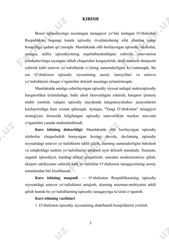 odiy modeldan voz kechilib, bozor munosabatlariga o‘tish davlat siyosatining ustuvor yo‘nalishiga aylandi. shu sababli, 1991–2000 yillar oralig‘i o‘zbekistonda o‘tish davri iqtisodiy siyosati sifatida e’tirof etiladi. bu davrda hukumat oldida turgan asosiy vazifalar – iqtisodiy mustaqillikni ta’minlash, milliy valyutani joriy etish, davlat mulkini xususiylashtirish, inflyatsiyani jilovlash, ijtimoiy muvozanatni saqlab qolish va bozor iqtisodiyotiga mos institutlarni yaratishdan iborat bo‘ldi. o‘tish davrining boshlanishida hukumat “evolyutsion islohotlar” tamoyiliga tayanib harakat qildi. ya’ni, iqtisodiyotda keskin siljishlar emas, bosqichma-bosqich o‘zgarishlar ustuvor deb hisoblandi. bu tamoyil “o‘zbek modeli” nomi bilan mashhur bo‘lib, beshta asosiy tamoyilga tayandi: kuchli ijtimoiy siyosat olib borish, davlatning boshqaruvdagi yetakchi roli, qonun ustuvorligi, bozor iqtisodiyotiga bosqichma-bosqich o‘tish va islohotlarning izchil amalga oshirilishi. 1992–1994 yillar o‘zbekiston uchun iqtisodiy inqiroz va izlanishlar davri bo‘ldi. bu davrda sanoat ishlab chiqarishi keskin pasaydi, inflyatsiya darajasi juda yuqori bo‘lib, aholining real daromadi kamaydi. shu bilan birga, iqtisodiy barqarorlikka erishish uchun davlat bir necha muhim qadamlarni tashladi. eng avvalo, …