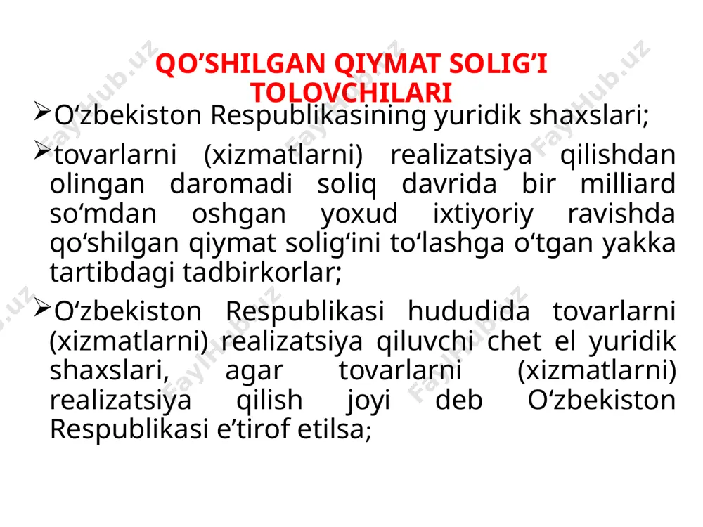 kosmetologik xizmatlar mustasno). veterinariya xizmatlarini: dori vositalarini, veterinariya dori vositalarini, tibbiyot va veterinariya uchun mo‘ljallangan buyumlarni; sanatoriy-kurort, sog‘lomlashtirish xizmatlarini, shuningdek jismoniy tarbiya va sport tashkilotlarining xizmatlarini qqs bo’yicha imtiyozlar va soliq stavkalari yo‘lovchilarni yagona tariflar bo‘yicha tashish xizmatlarini ko‘rsatish: uy-joy fondini saqlash va ta’mirlash yuzasidan aholiga ko‘rsatilayotgan xizmatlar tovarlarni (xizmatlarni), agar tovarlarni berish (xizmatlar ko‘rsatish) o‘zbekiston respublikasi prezidentining yoki o‘zbekiston respublikasi vazirlar mahkamasining qarori asosida bepul amalga oshirilsa; qimmatbaho metallardan ishlangan bank va o‘lchovli quymalarini, qimmatbaho metallardan ishlangan quyma (investitsiya) tangalarni (numizmatika maqsadlari uchun foydalaniladigan tangalardan, shuningdek qimmatbaho metallardan ishlangan chet el tangalaridan tashqari), zargarlik buyumlarini; bojsiz savdo bojxona tartib-taomiliga joylashtirilgan tovarlarni; yuridik va jismoniy shaxslarga muayyan huquqlar berilganda fuqarolarning o‘zini o‘zi boshqarish organlari va vakolatli organlar, tashkilotlar tomonidan ko‘rsatiladigan xizmatlarni, agar bunday xizmatlar ko‘rsatish shart ekanligi qonun hujjatlarida belgilangan bo‘lsa, faoliyatning muayyan sohasida ushbu organlar va tashkilotlarning zimmasiga yuklatilgan alohida vakolatlarni bajarish doirasida davlat boji yoki boshqa to‘lovlar undiriladi; …