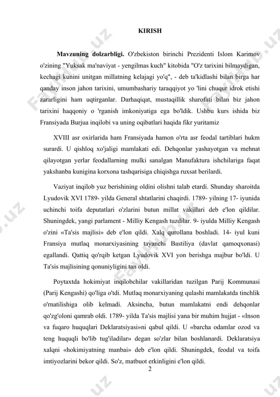 nqilobchilar vakillaridan tuzilgan parij kommunasi (parij kengashi) qo'liga o'tdi. mutlaq monarxiyaning qulashi mamlakatda tinchlik o'rnatilishiga olib kelmadi. aksincha, butun mamlakatni endi dehqonlar qo'zg'oloni qamrab oldi. 1789- yilda ta'sis majlisi yana bir muhim hujjat - «inson va fuqaro huquqlari deklaratsiyasi»ni qabul qildi. u «barcha odamlar ozod va teng huquqli bo'lib tug'iladilar» degan so'zlar bilan boshlanardi. deklaratsiya xalqni «hokimiyatning manbai» deb e'lon qildi. shuningdek, feodal va toifa imtiyozlarini bekor qildi. so'z, matbuot erkinligini e'lon qildi. 1791- yilda fransiya tarixida birinchi marta mamlakat konstitutsiyasi qabul qilindi. konstitutsiya 25 yoshga to'lgan barcha erkak kishilarga saylash huquqini e'lon qildi. ularning ichida eng yetakchilari «jirondachilar» va «yakobinchilar» partiyalari edi. 1792- yilda qonun chiqaruvchi majlis «vatan xavf ostida» chaqirig'i bilan xalqqa murojaat qildi. bu esa mamlakatda keskin norozilik keltirib chiqardi. 1792- yil 10- avgust kuni esa parijda qurolli qo'zg'olon boshlandi. 1792 yil 21- sentabrda fransiya respublika deb e'lon qilindi. lyudovik xvi esa qatl etildi. respublika feodal- toifaviy …