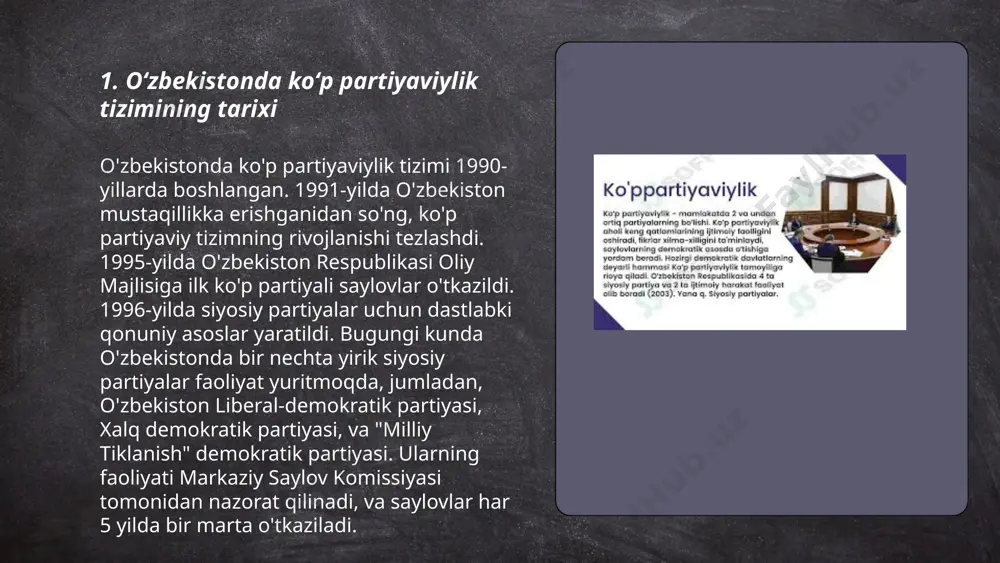vlari 2019-yil dekabrda boʻlib oʻtdi, unda uzlidep eng koʻp oʻrinlarni egalladi. oʻzbekistonda saylovlarda har bir fuqaroga teng ovoz huquqi berilgan va saylovlarda ishtirok etish koeffitsiyenti oʻrtacha 70% ni tashkil qiladi. ... t.me/slaydai_bot oʻzbekistonda koʻp partiyaviylikning qonuniy asosi 1992-yilda qabul qilingan oʻzbekiston respublikasi konstitutsiyasiga asoslanadi. konstitutsiyaning 34-moddasi fuqarolarning siyosiy partiyalar tuzish huquqini kafolatlaydi. bundan tashqari, 1996-yilda "siyosiy partiyalar toʻgʻrisida" gi qonun qabul qilingan boʻlib, u partiyalarning roʻyxatdan oʻtishi, faoliyati va huquqlari boʻyicha koʻrsatmalar beradi. 2007-yilda esa "siyosiy partiyalarni moliyalashtirish toʻgʻrisida" gi qonun joriy etildi. bugungi kunda oʻzbekistonda beshta asosiy siyosiy partiya mavjud: oʻzbekiston liberal-demokratik partiyasi, oʻzbekiston xalq demokratik partiyasi, adolat sotsial-demokratik partiyasi, milliy tiklanish demokratik partiyasi va ekologik partiya. ... t.me/slaydai_bot 7. oʻzbekistonda koalitsion hukumatlar oʻzbekistonda koalitsion hukumatlar shakllantirilmagan, chunki mamlakat koalitsion boshqaruv tajribasiga ega emas. 1991-yildan buyon oʻzbekiston prezidenti rahbarligida bir partiyali hukumat shakllantirilgan. asosiy siyosiy partiyalar oʻzbekiston liberal-demokratik partiyasi (oʻzlidep), xalq demokratik partiyasi (xdp) va milliy tiklanish demokratik partiyasidir. …