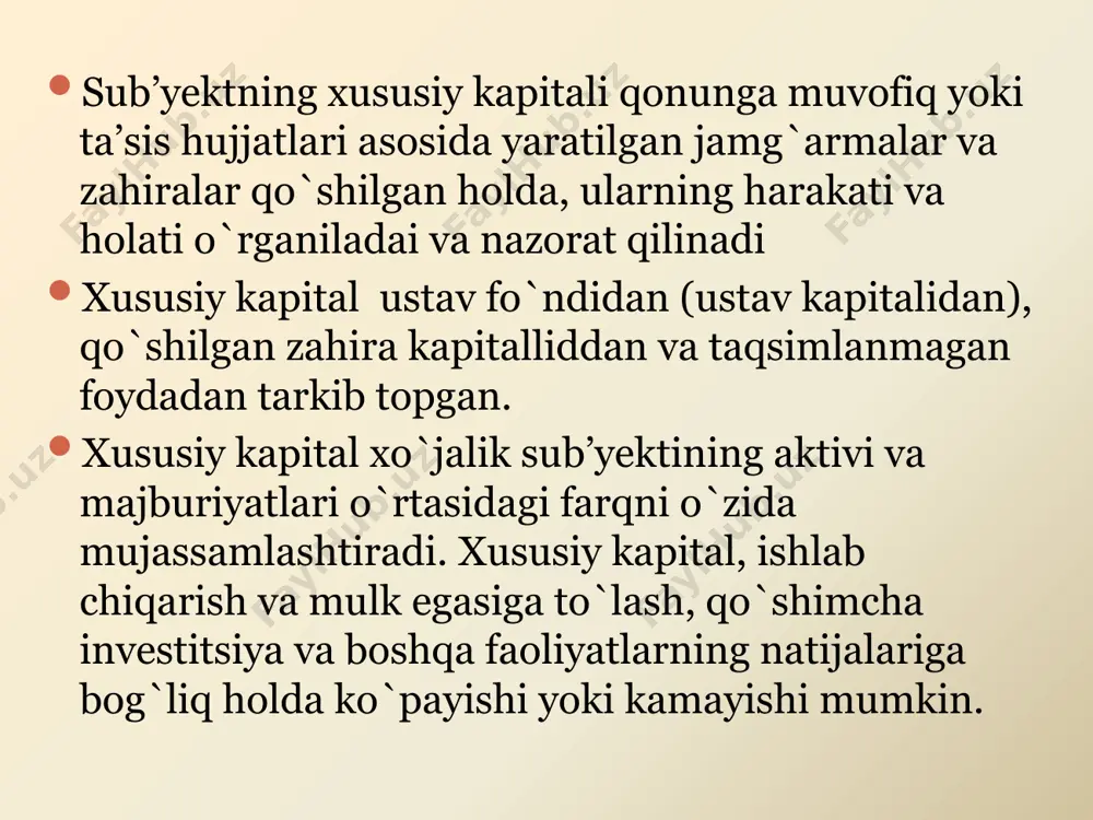 jalik yurituvchi sub’yektning ustav kapitali shakillanishi hisobga olinadi. misol: masuliyati cheklangan jamiyati ro`yxatdan o`tgan payitda uning ustav kapitali miqdori ekih ning 40 barobari qilib belgilangan. ushbu jarayon quyidagicha aksettiriladi: d-t 8330-5209600 so`m k-t 4610-5209600 so`m хулоса. xususiy kapital tahlili uning tarkibidan joy olgan ko’rsatkichlar hisobiga o’zgarib boradi. har bir tarkibning o’zgarishi ham o’z mazmuniga ko’ra ma’lum ko’rsatkichlarni o’zgarishi orqali amalga oshadi. erkin iqtisodiy munosabatlar sharoitida xususiy kapital korxonaning moliyaviy holatini tavsiflovchi muhim ko’rsatkichlardan biri hisoblanadi. negaki, uning holatiga qarab jami mablag’lar tarkibidan kelib chiqqan holda korxonaning iqtisodiy qaramligi yoki mustaqilligiga baho beriladi. bu biznesni boshqarish, faoliyatni kengaytirish va sheriklik faoliyatini yo’lga qo’yishda o’ta muhim masala hisoblanadi. xususiy kapital korxonaning o’z mablag’lari manbaining asosini tashkil etuvchi ko’rsatkich hisoblanib, uning tarkibiga korxona ustav kapitali, zahira kapitali, qo’shilgan kapital hamda taqsimlanmagan foyda (qoplanmagan zarar) kiradi. foydalanlgan adabiyotlar buxgalteriya hisobi xolbekov r., abduvohidov f., buxgalteriya hisobi nazariyasi xashimov b. iqtisodiyot va innovatsion tehnologiyalar . …